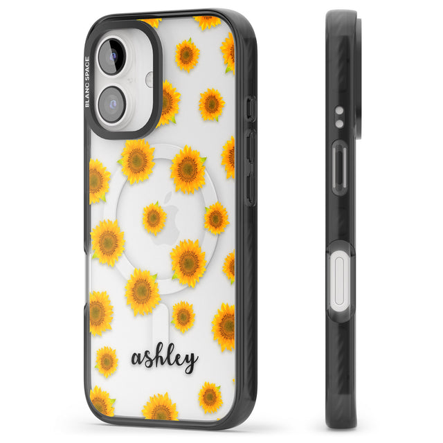 iPhone 16 Pro Max Personalised Sunflowers & Cursive Black Impact Phone Case