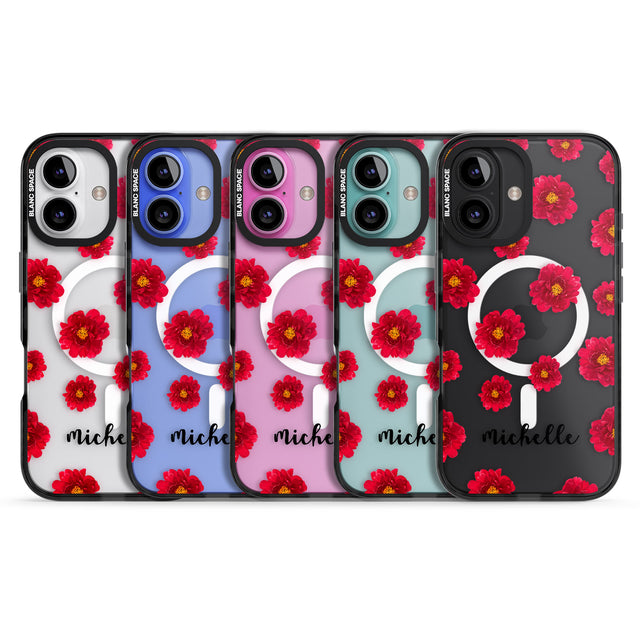 iPhone 16 Pro Max Personalised Red Peonies & Cursive Black Impact Phone Case