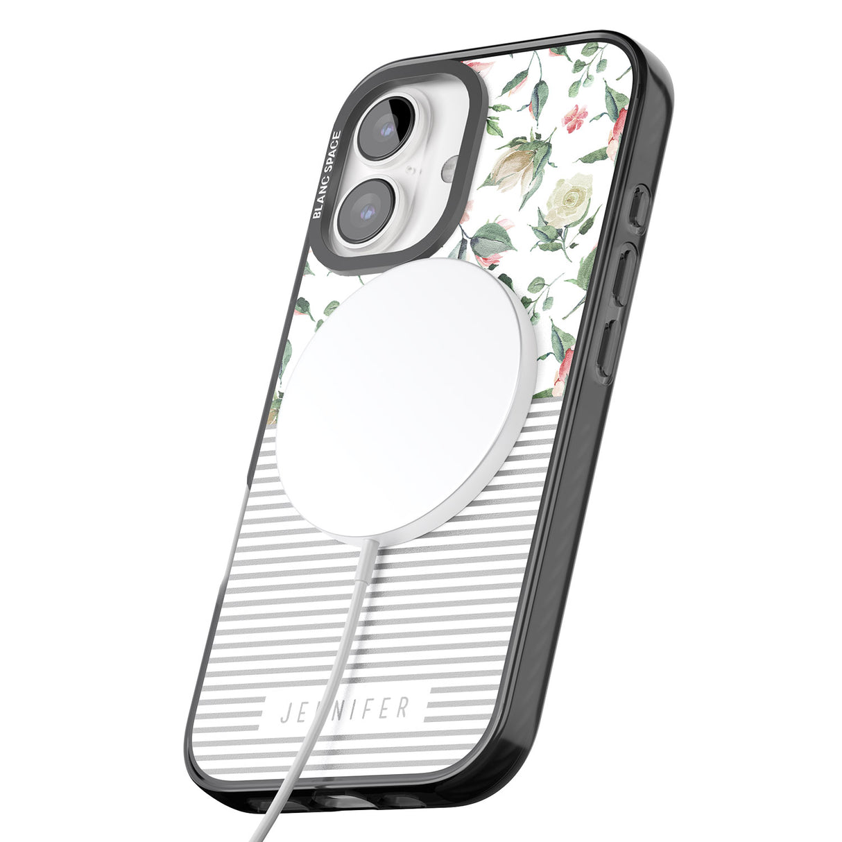 iPhone 16 Pro Max Personalised Light Floral Pattern & Stripes Black Impact Phone Case