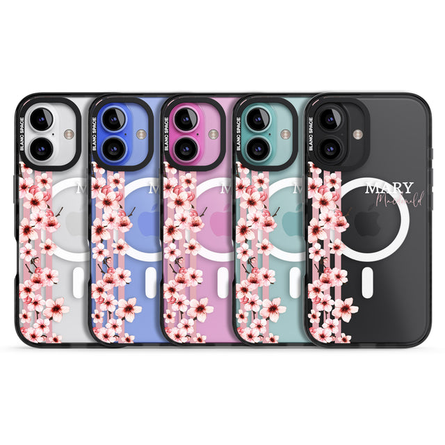 iPhone 16 Pro Max Personalised Cherry Blossoms & Stripes Black Impact Phone Case