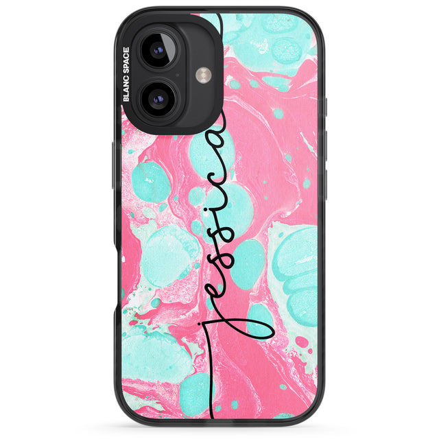 iPhone 16 Pro Max Personalised Turquoise & Pink - Marbled Black Impact Phone Case