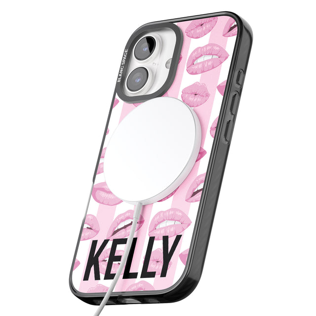 iPhone 16 Pro Max Personalised Pink Stripes & Lips Black Impact Phone Case