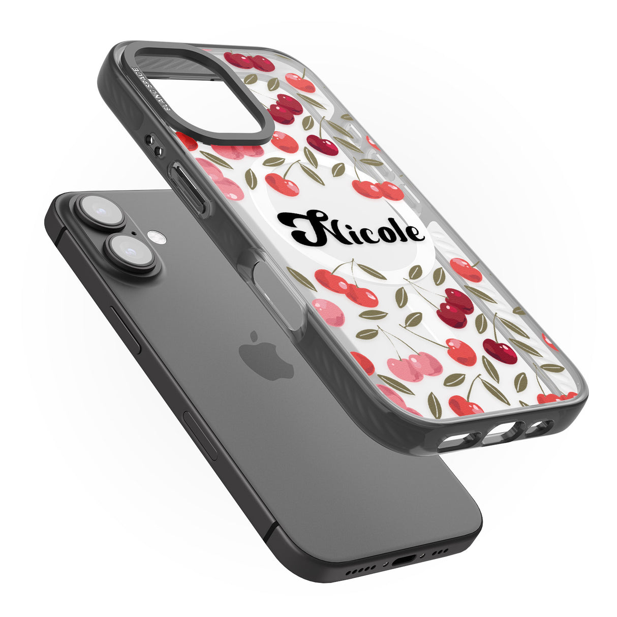 iPhone 16 Pro Max Personalised Cherry Pattern Black Impact Phone Case + Magsafe