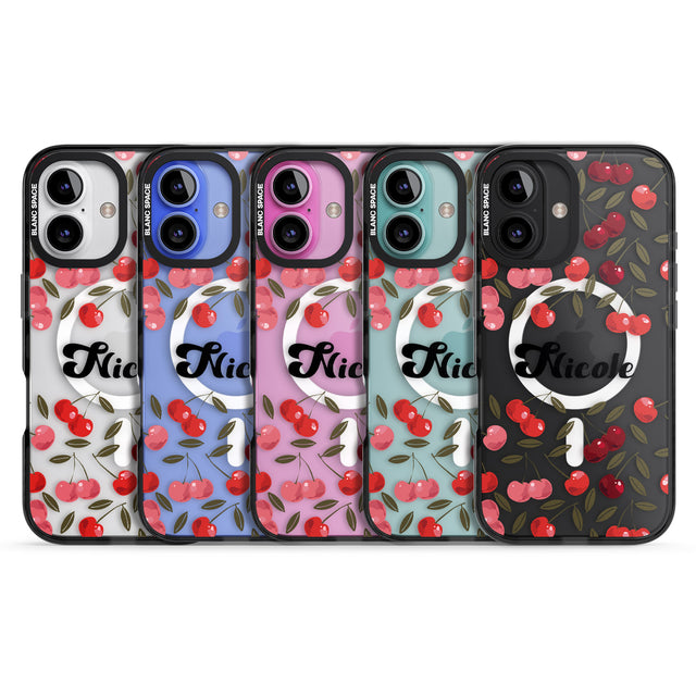 iPhone 16 Pro Max Personalised Cherry Pattern Black Impact Phone Case + Magsafe