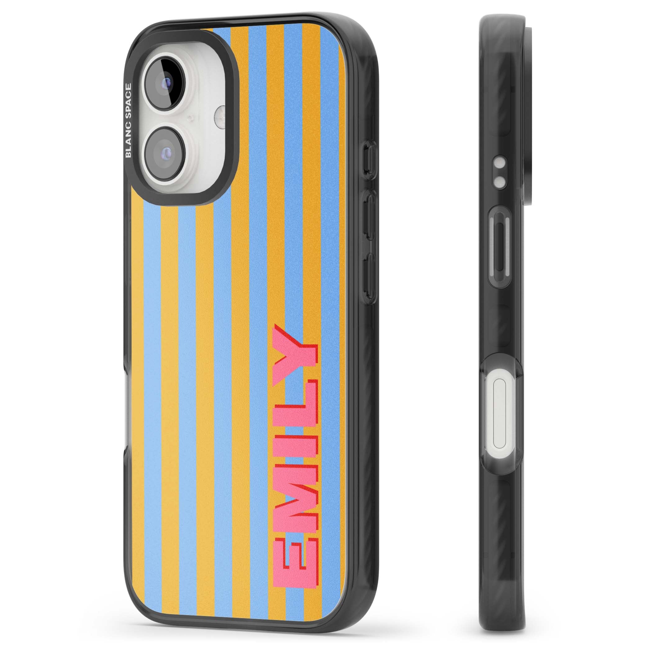 Carribean Stripe personalised coastal iPhone case with yellow and blue vertical stripes and a custom pink name | Black Impact Magsafe case for iPhone 16, iPhone 16 Plus