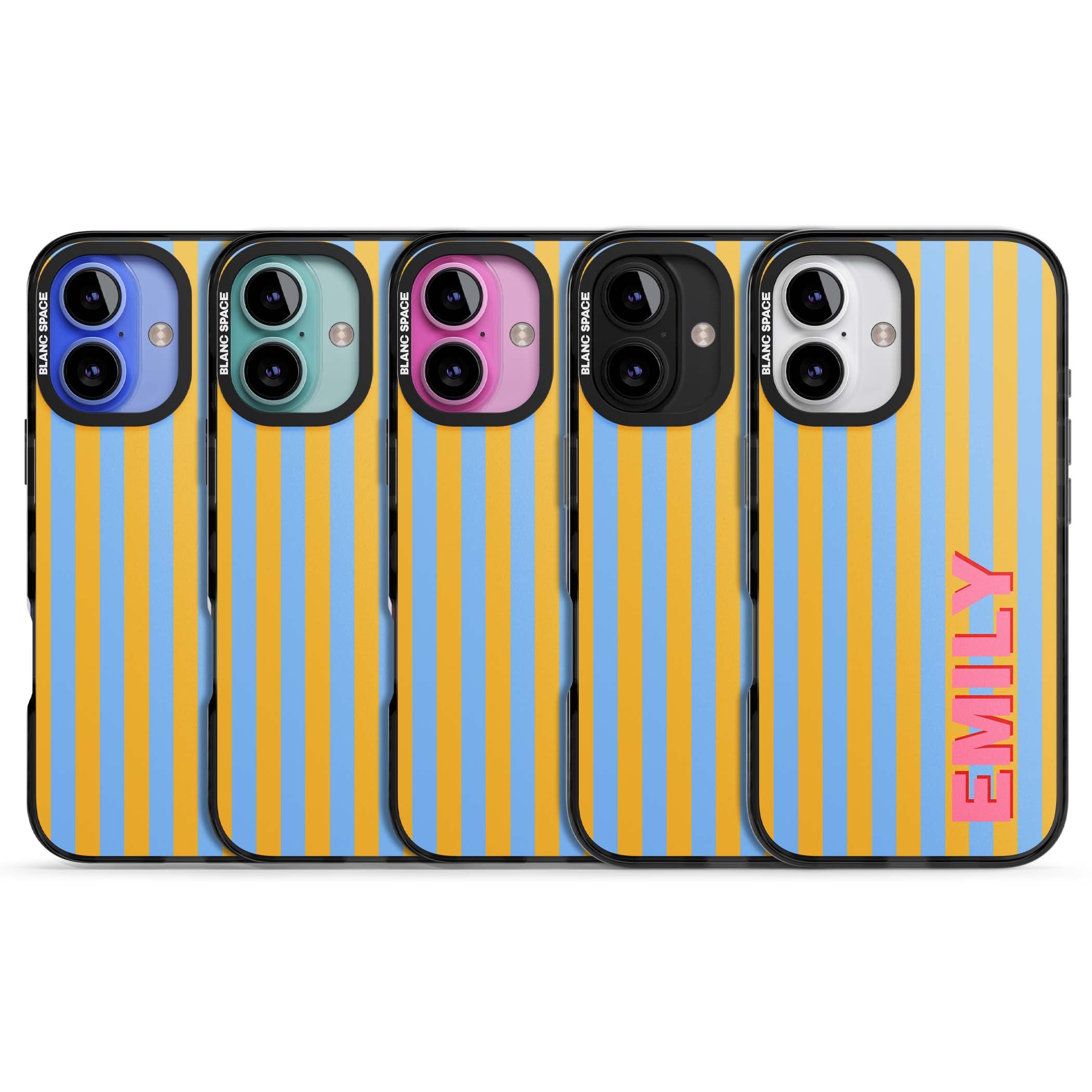 Carribean Stripe personalised coastal iPhone case with yellow and blue vertical stripes and a custom pink name | Black Impact Magsafe case for iPhone 16, iPhone 16 Plus
