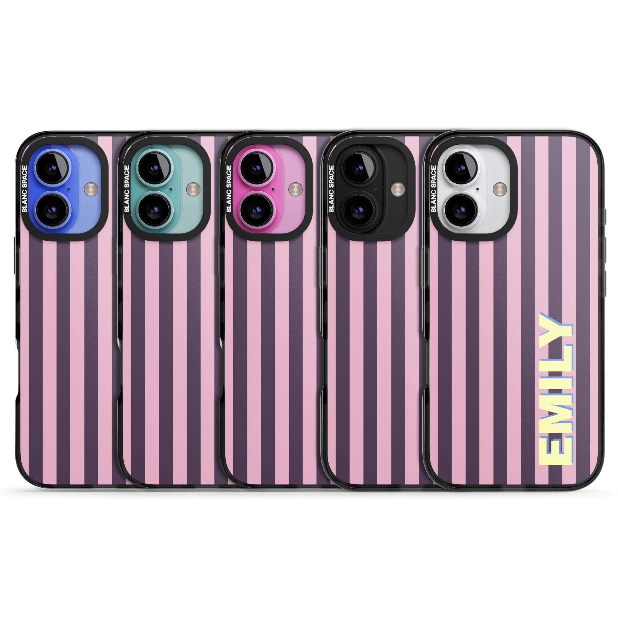 Tyre Stripe personalised stripe iPhone case with plum and pink vertical stripes and custom yellow name | Black Impact Magsafe case for iPhone 16, iPhone 16 Plus