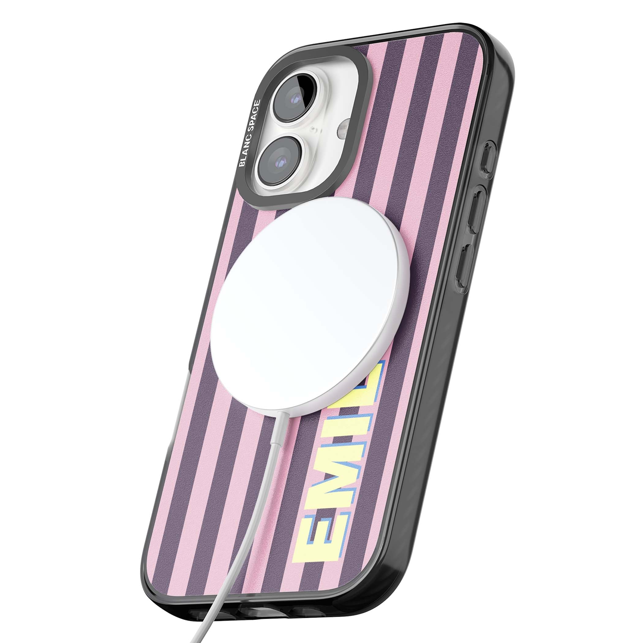 Tyre Stripe personalised stripe iPhone case with plum and pink vertical stripes and custom yellow name | Black Impact Magsafe case for iPhone 16, iPhone 16 Plus