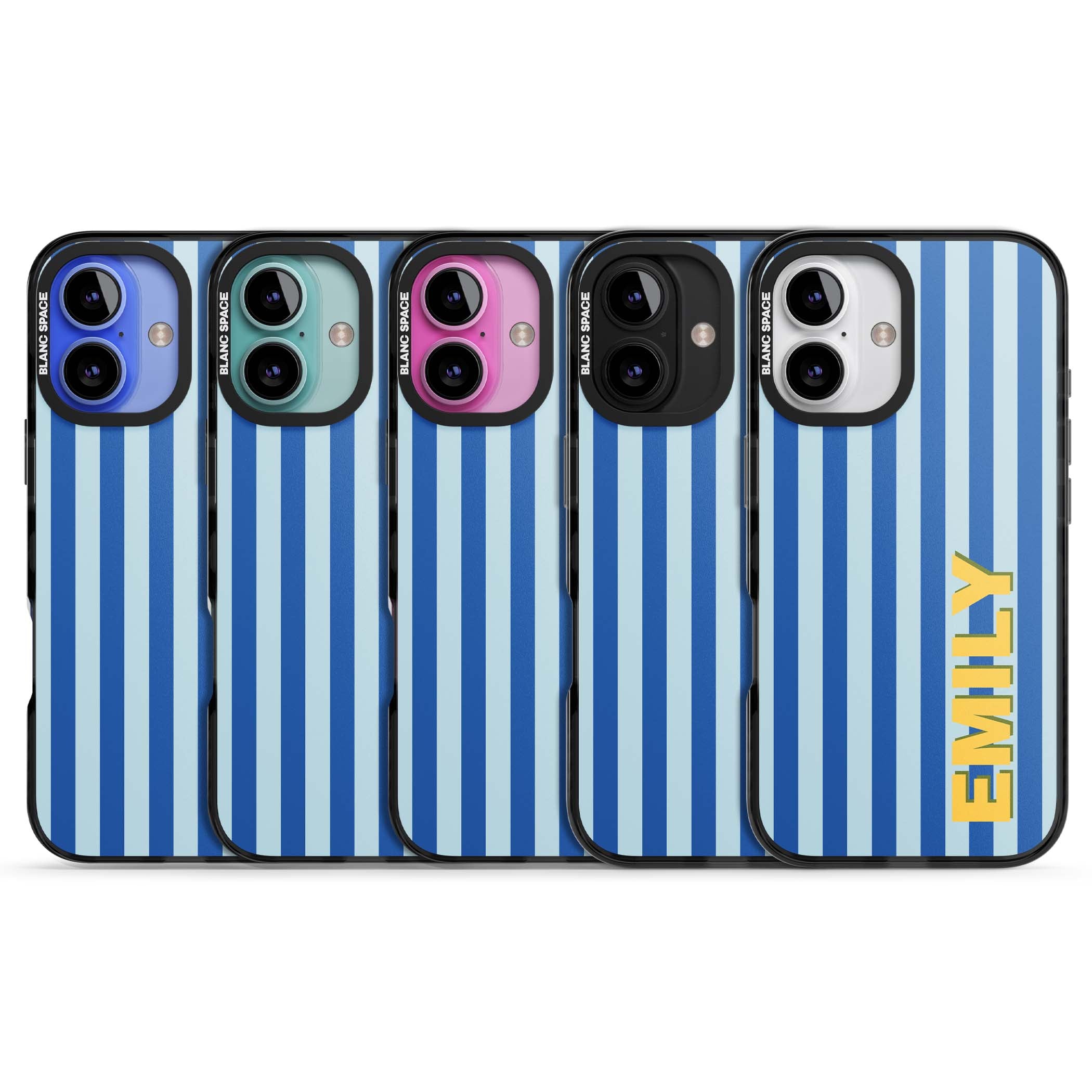 Athenian Stripe personalised preppy iPhone case featuring blue vertical stripes and a custom yellow name | Black Impact Magsafe case for iPhone 16, iPhone 16 Plus