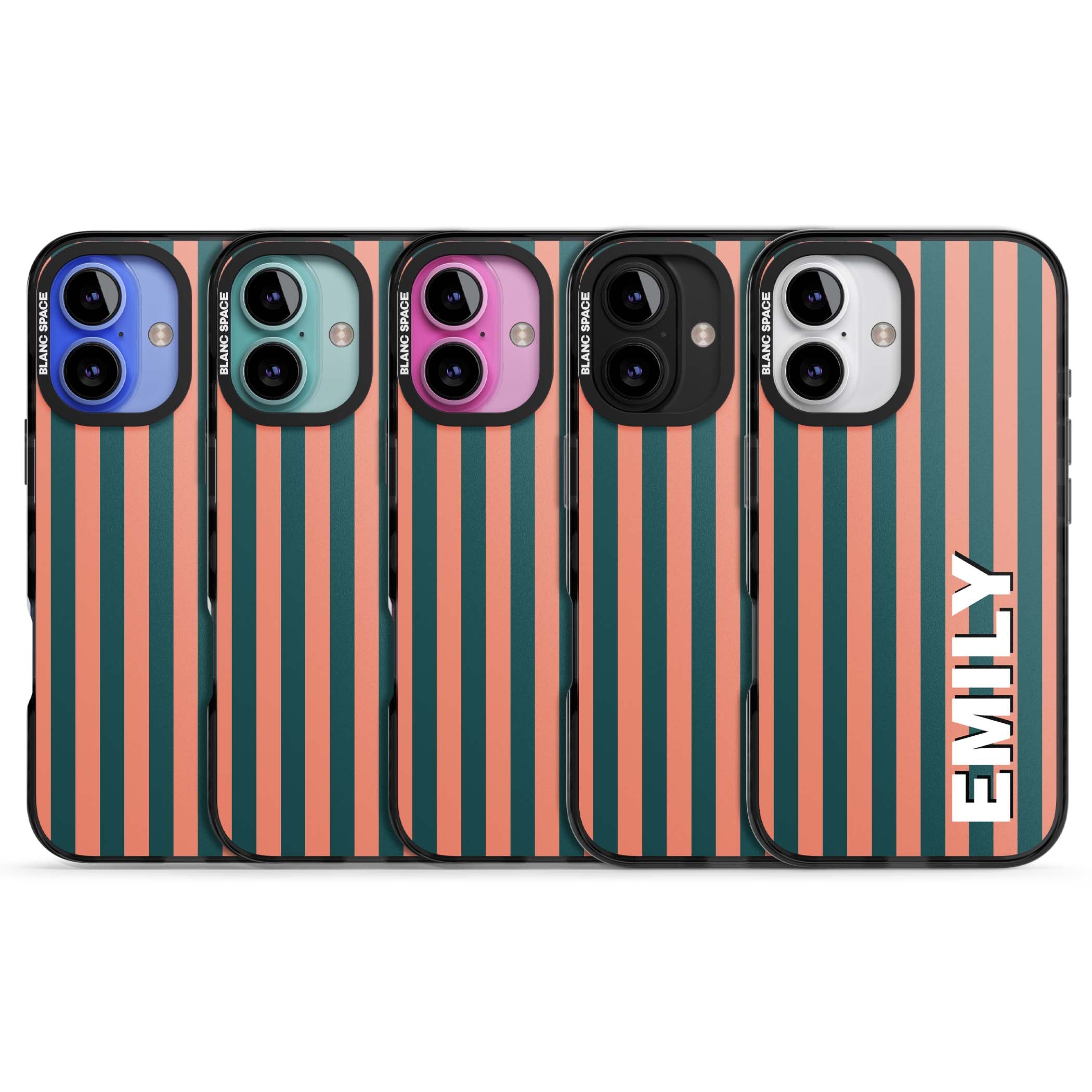 Tuscan Stripe personalised iPhone case featuring coral and green vertical stripes with bold custom name | Black Impact Magsafe case for iPhone 16, iPhone 16 Plus