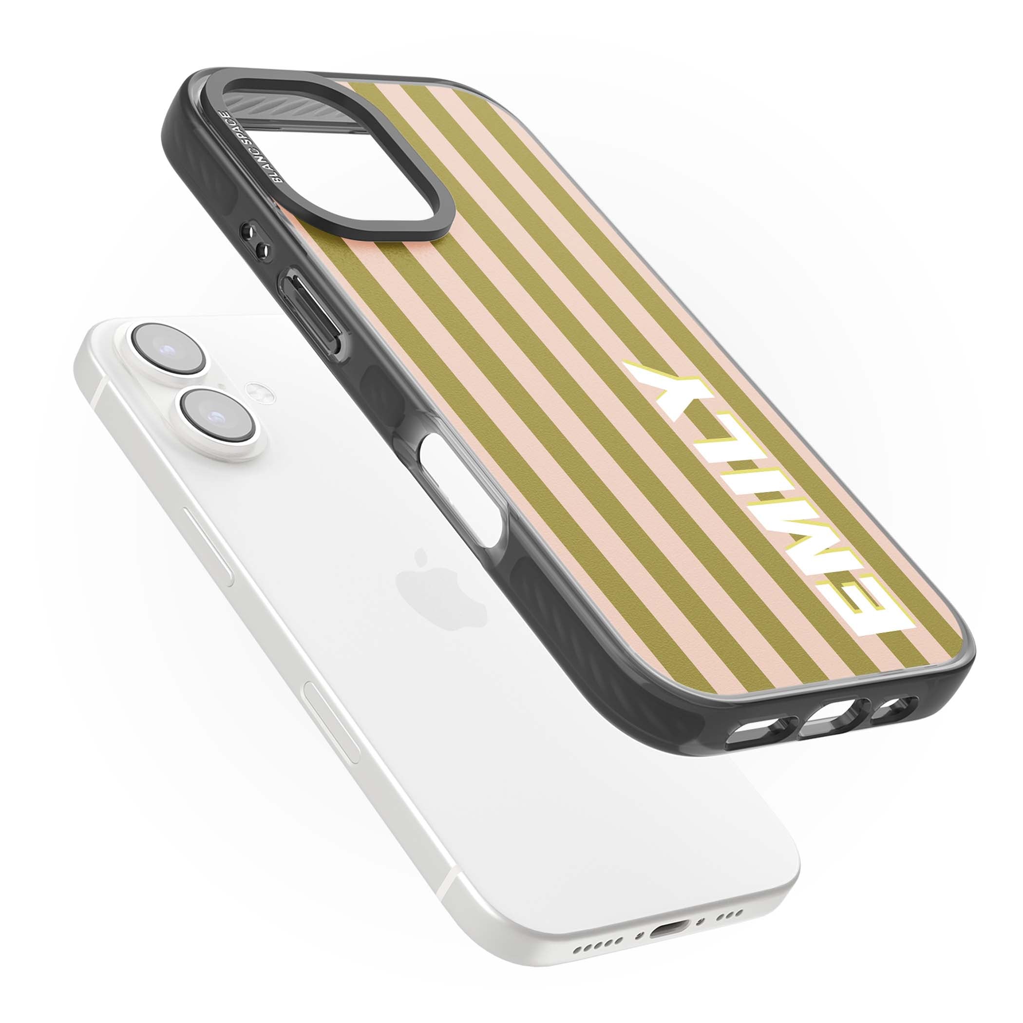 Indian Stripe personalised iPhone case featuring olive green and blush pink vertical stripes with custom name in whit | Black Impact Magsafe case for iPhone 16, iPhone 16 Plus