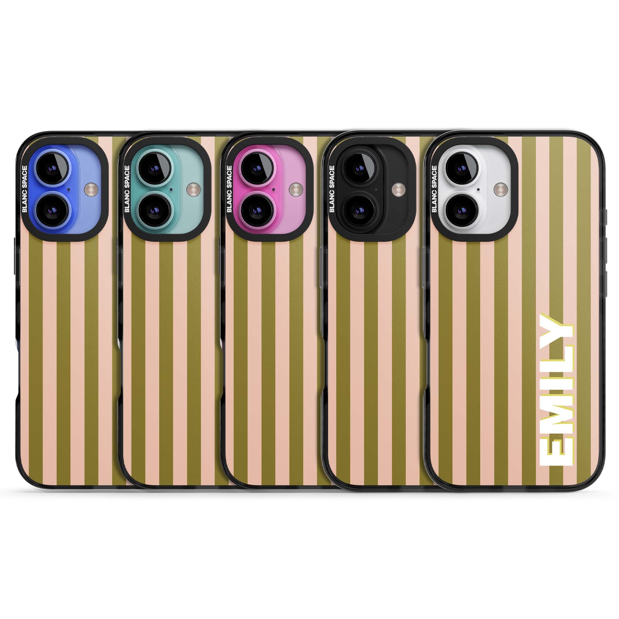 Indian Stripe personalised iPhone case featuring olive green and blush pink vertical stripes with custom name in whit | Black Impact Magsafe case for iPhone 16, iPhone 16 Plus