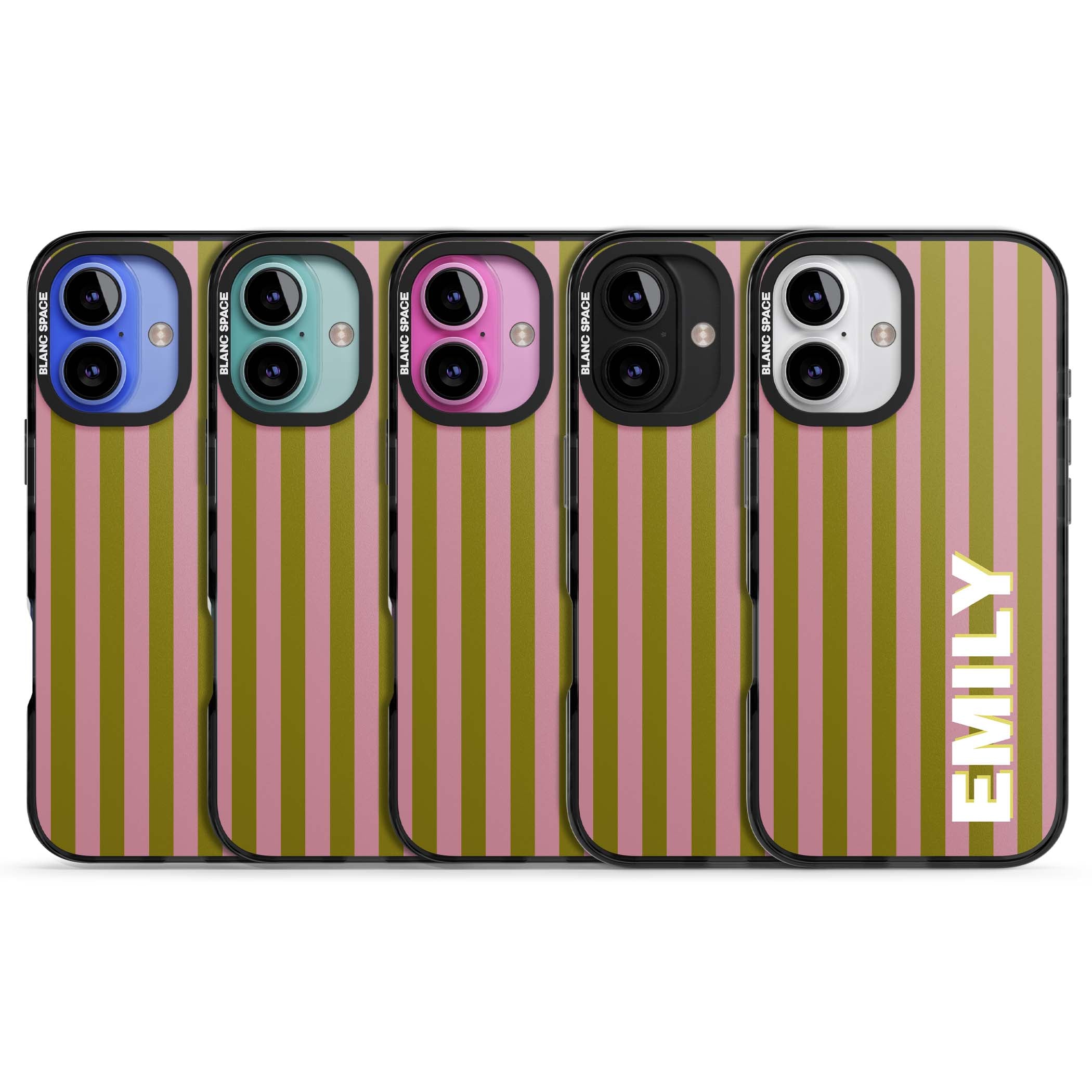 Istanbul Stripe personalised iPhone case featuring pink and olive green vertical stripes with a custom vertical name | Black Impact Magsafe case for iPhone 16, iPhone 16 Plus