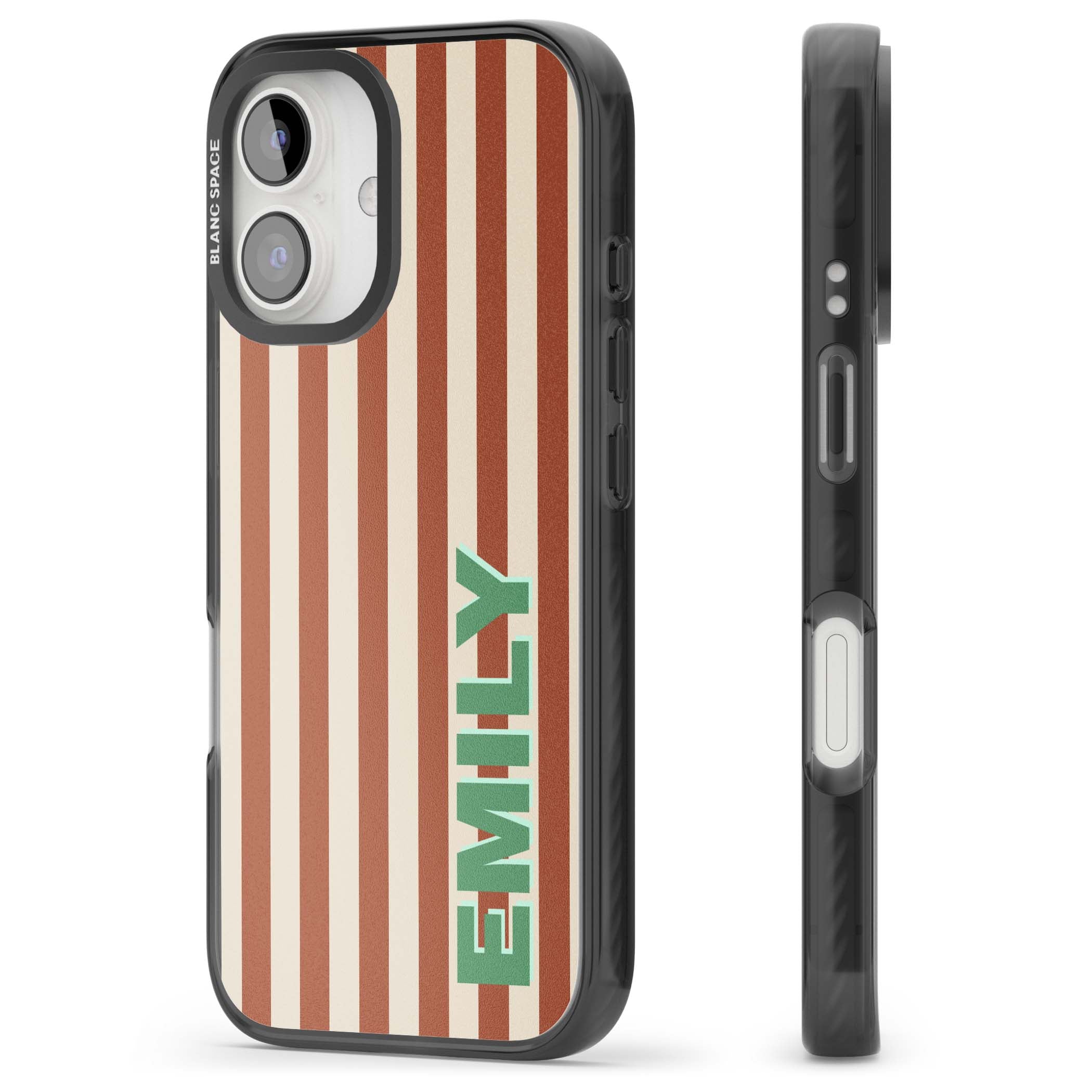 Dune Stripe personalised iPhone case with rust and cream vertical stripes and custom name in mint green | Black Impact Magsafe case for iPhone 16, iPhone 16 Plus