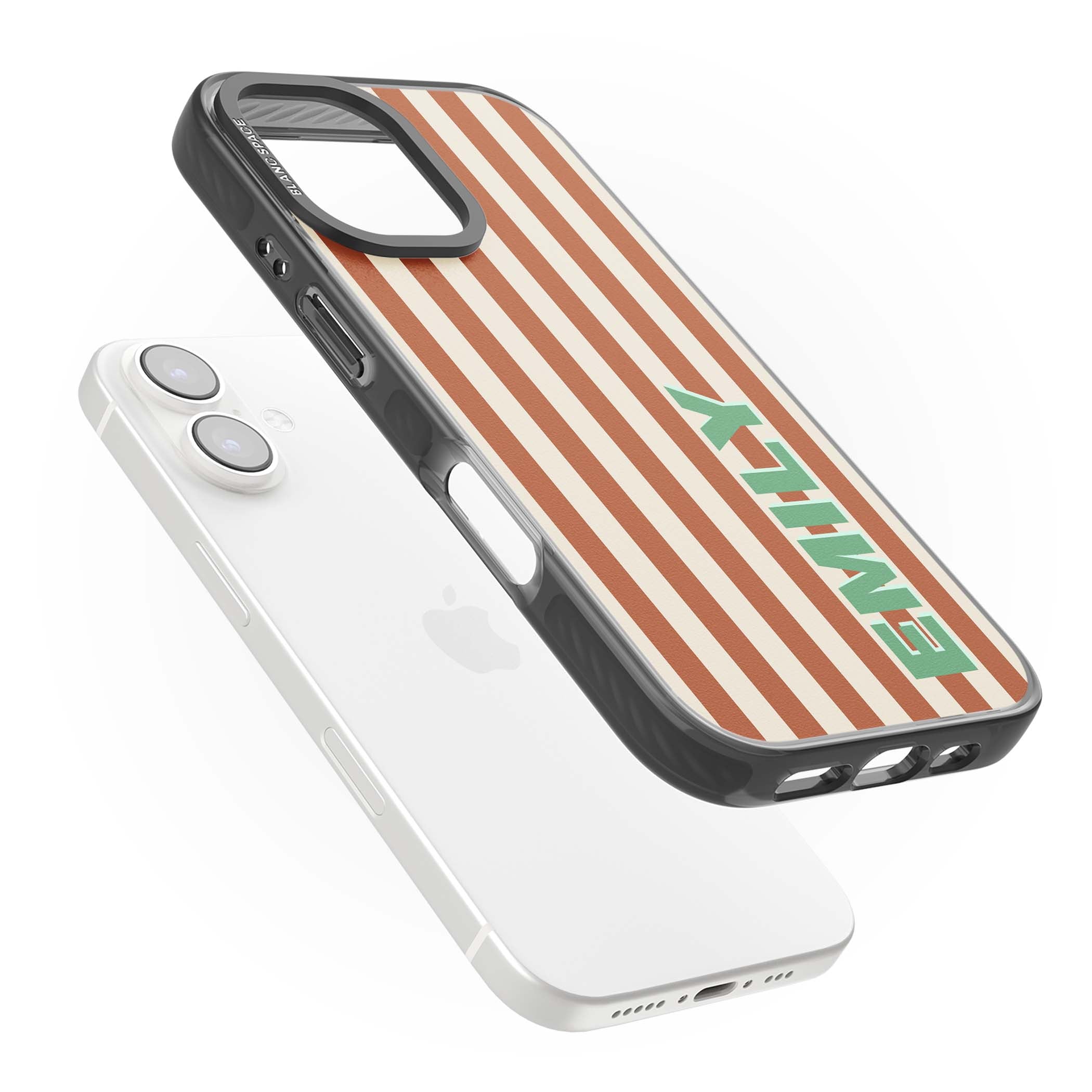 Dune Stripe personalised iPhone case with rust and cream vertical stripes and custom name in mint green | Black Impact Magsafe case for iPhone 16, iPhone 16 Plus