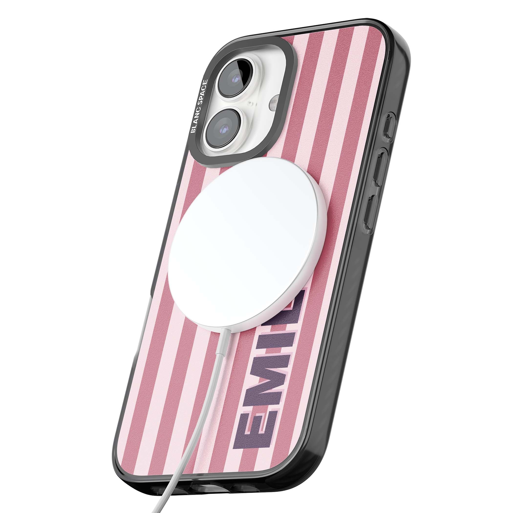 Victoria Stripe personalised iPhone case featuring pink vertical stripes and custom name in bold plum lettering | Black Impact Magsafe case for iPhone 16, iPhone 16 Plus