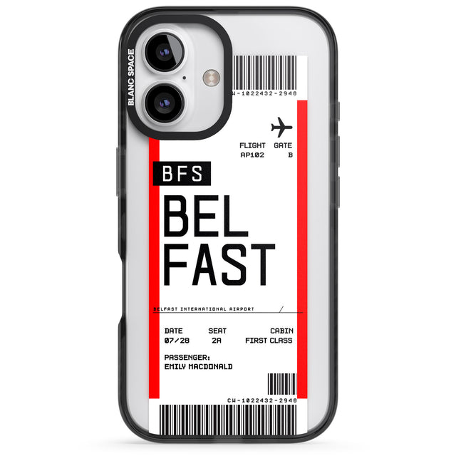 iPhone 16 Pro Max Personalised Belfast Boarding Pass Black Impact Phone Case