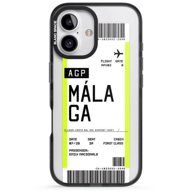 iPhone 16 Pro Max Personalised Málaga Boarding Pass Black Impact Phone Case