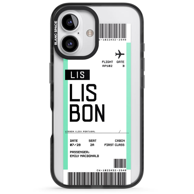 iPhone 16 Pro Max Personalised Lisbon Boarding Pass Black Impact Phone Case