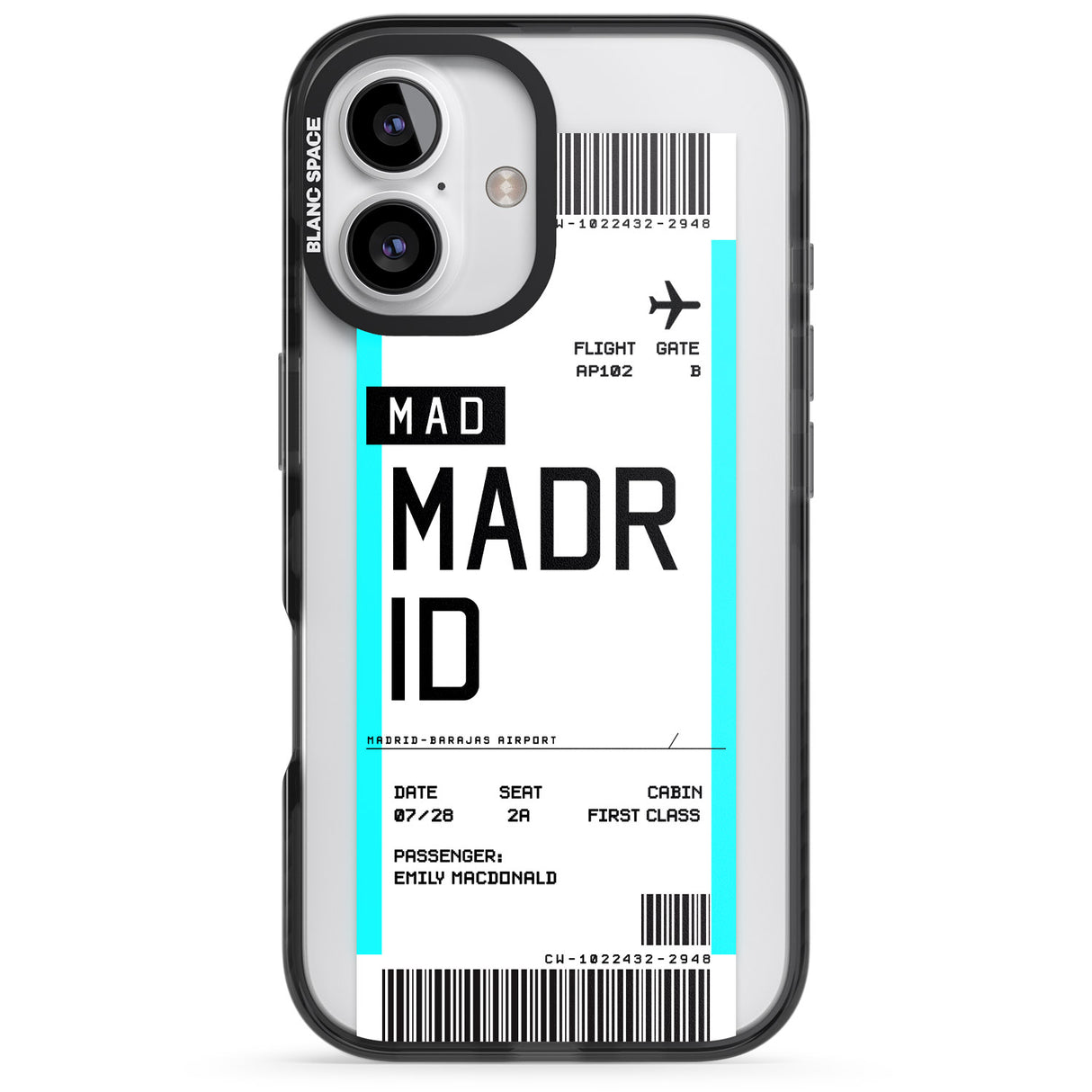 iPhone 16 Pro Max Personalised Madrid Boarding Pass Black Impact Phone Case