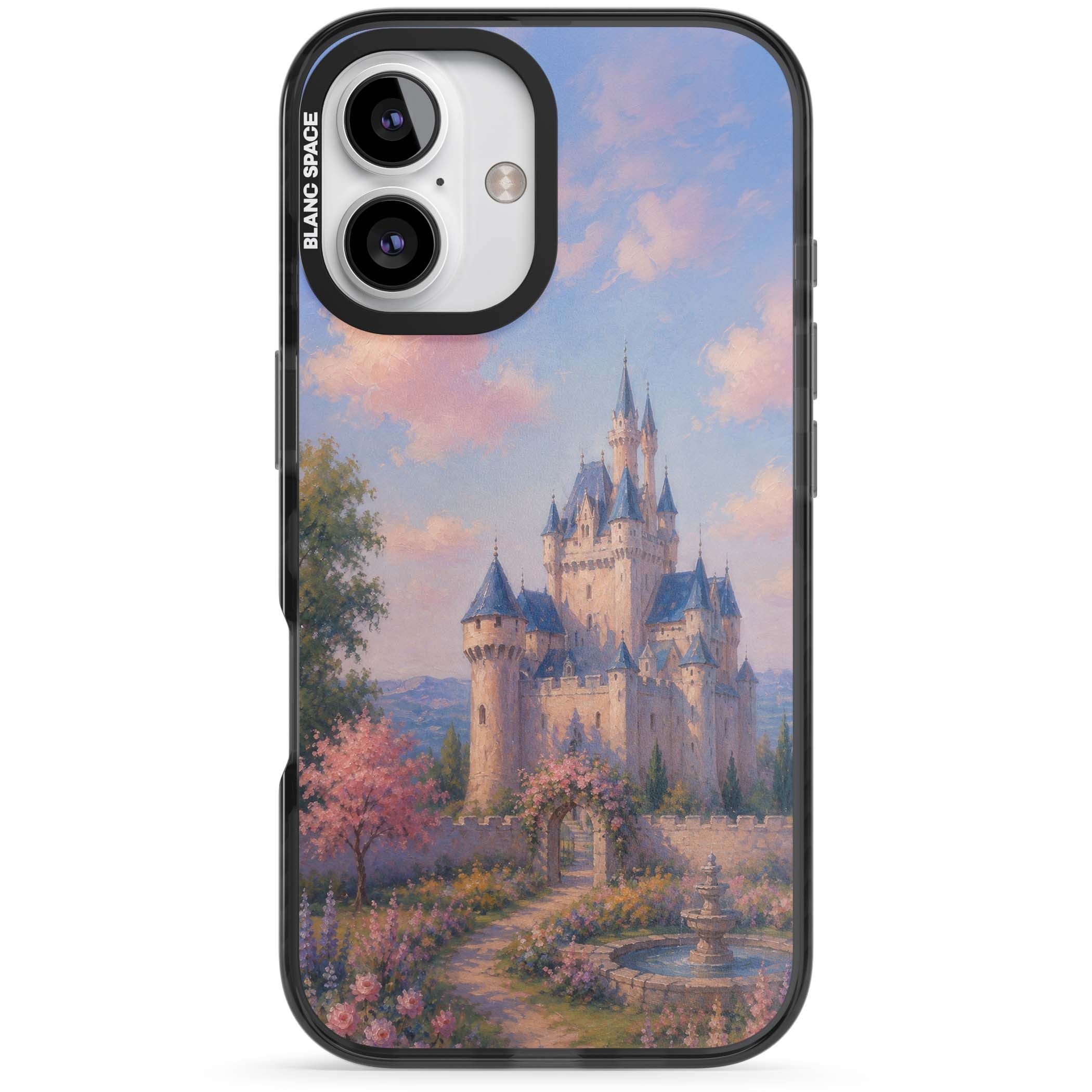 Enchanted Kingdom fairytale iPhone case featuring a romantic castle painting with cherry blossoms and pastel pink sky | Black Impact Magsafe case for iPhone 16, iPhone 16 Plus
