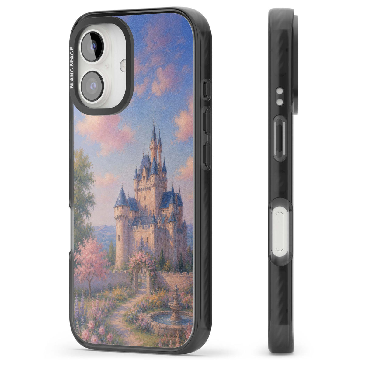 Enchanted Kingdom fairytale iPhone case featuring a romantic castle painting with cherry blossoms and pastel pink sky | Black Impact Magsafe case for iPhone 16, iPhone 16 Plus