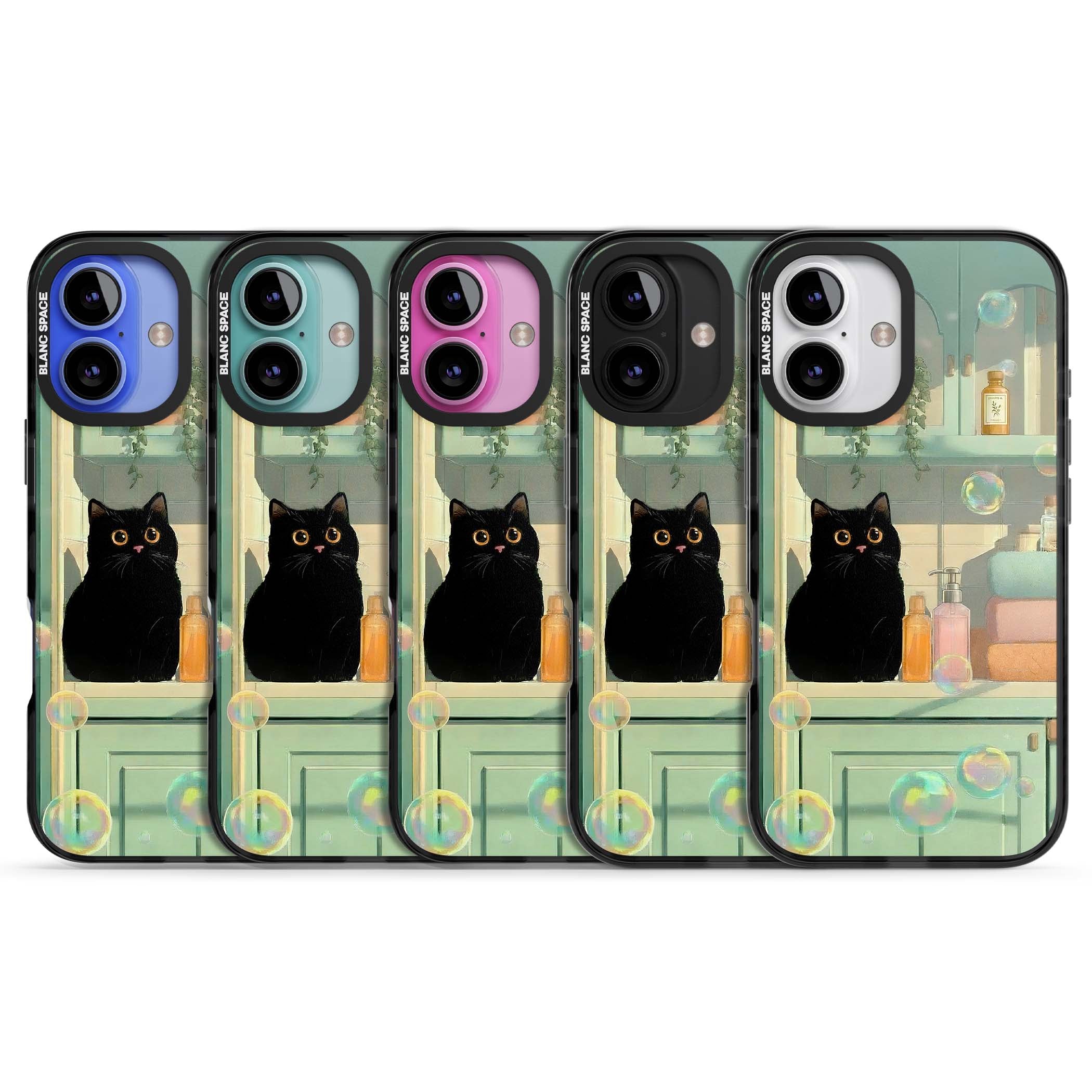 Bathroom Bubble Kitty cottagecore iPhone case featuring a black cat, mint bathroom scene and floating soap bubbles | Black Impact Magsafe case for iPhone 16, iPhone 16 Plus