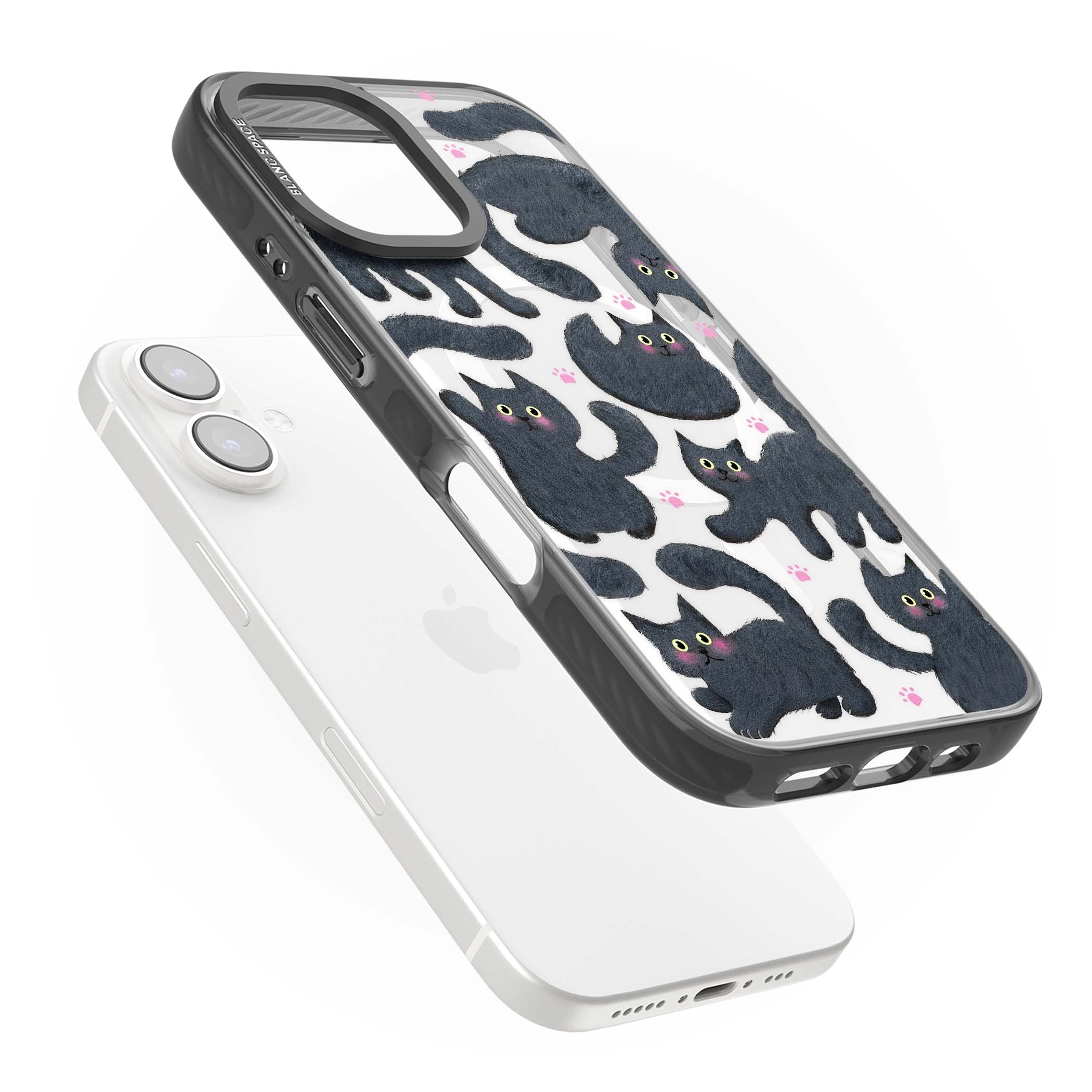 Midnight Cats cute iPhone case featuring black cat pattern with yellow eyes and pink paw prints | Black Impact Magsafe case for iPhone 16, iPhone 16 Plus