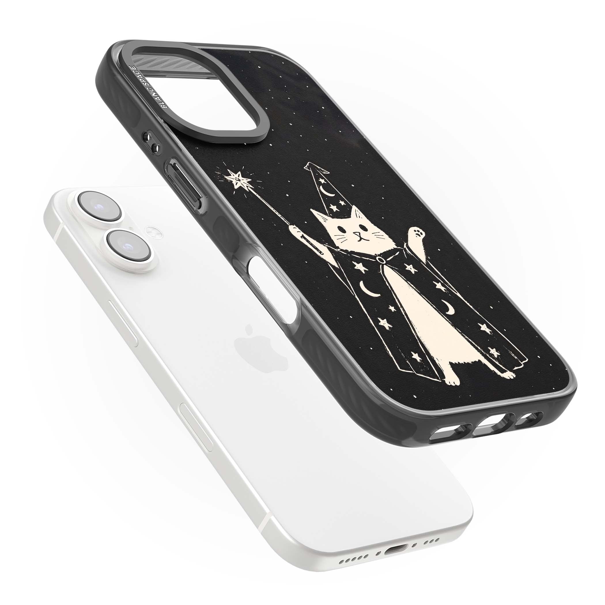 Whisker Wizard celestial cat iPhone case featuring a wizard cat with magic wand, starry night sky and crescent moons | Black Impact Magsafe case for iPhone 16, iPhone 16 Plus