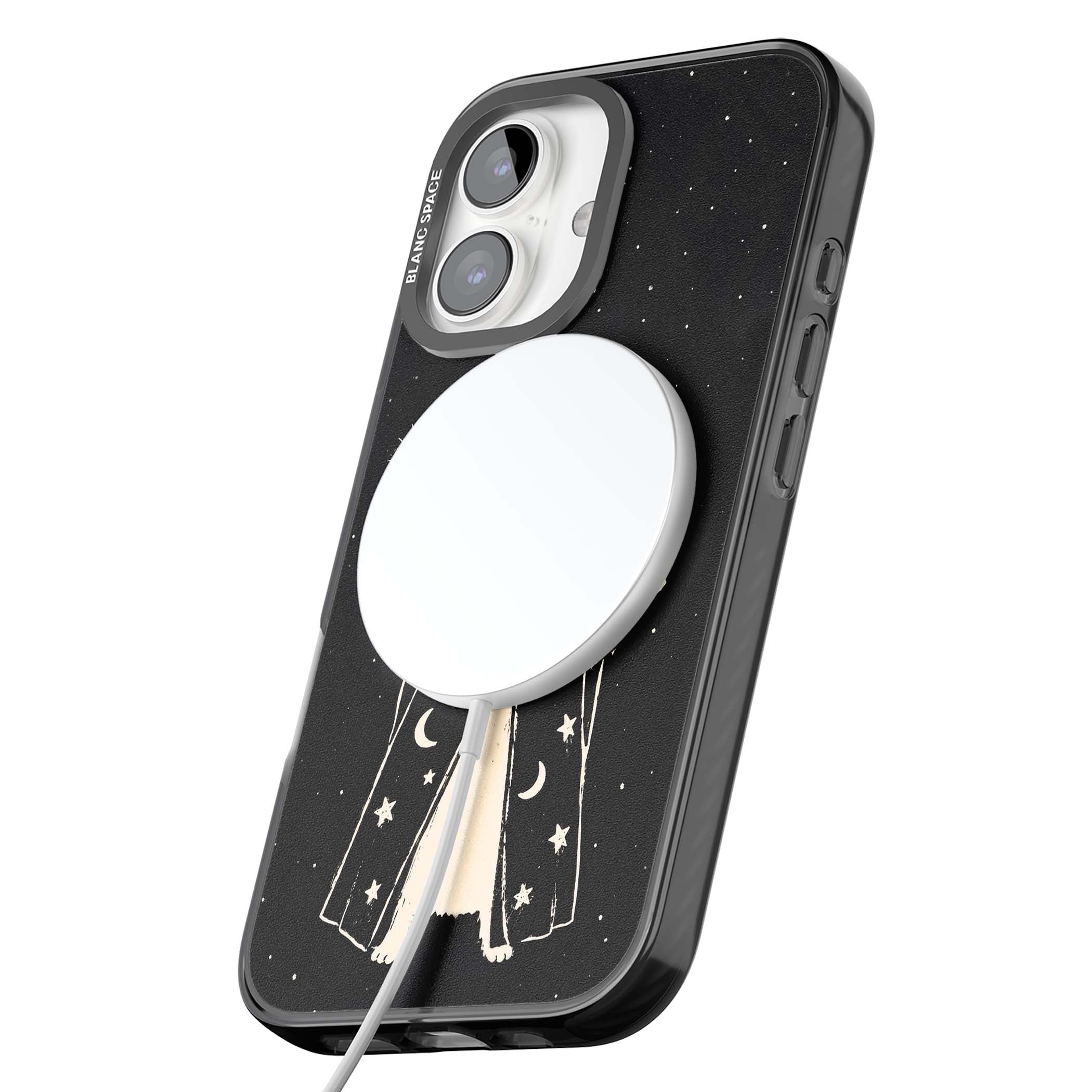 Whisker Wizard celestial cat iPhone case featuring a wizard cat with magic wand, starry night sky and crescent moons | Black Impact Magsafe case for iPhone 16, iPhone 16 Plus