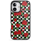 iPhone 16 Pro Max Checkered Pattern & Red Roses Black Impact Phone Case