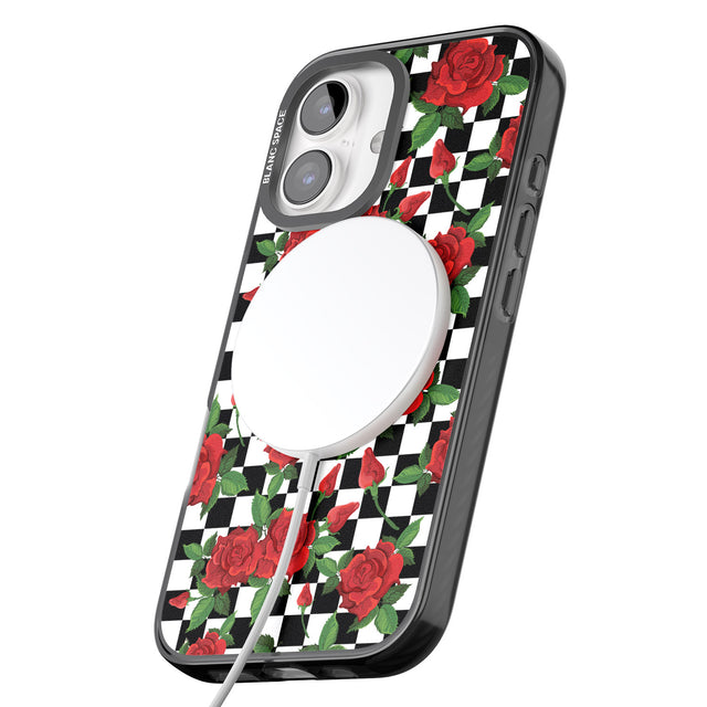 iPhone 16 Pro Max Checkered Pattern & Red Roses Black Impact Phone Case