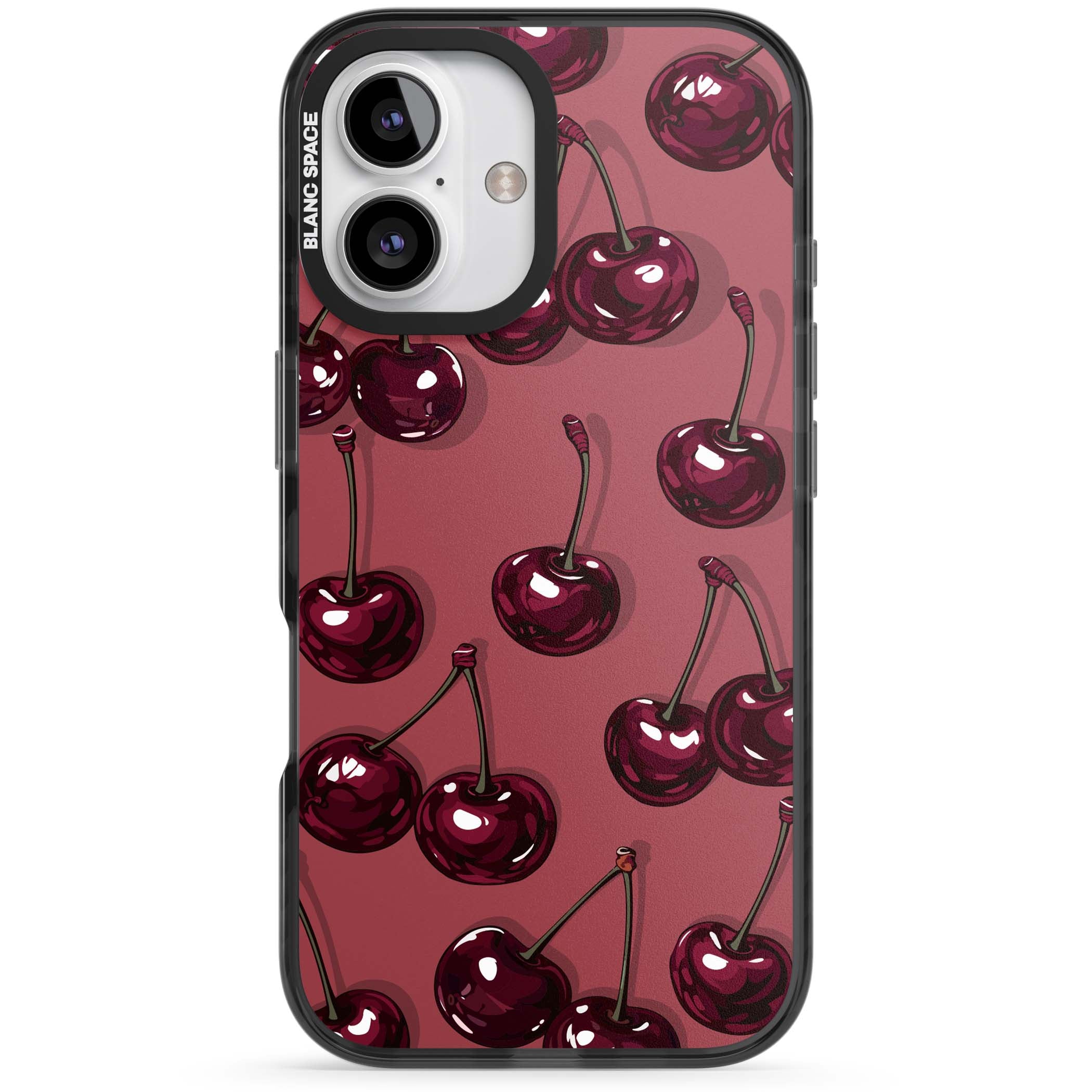 Cherry Rebel coquette iPhone case featuring glossy burgundy cherries on a dusty rose background | Black Impact Magsafe case for iPhone 16, iPhone 16 Plus