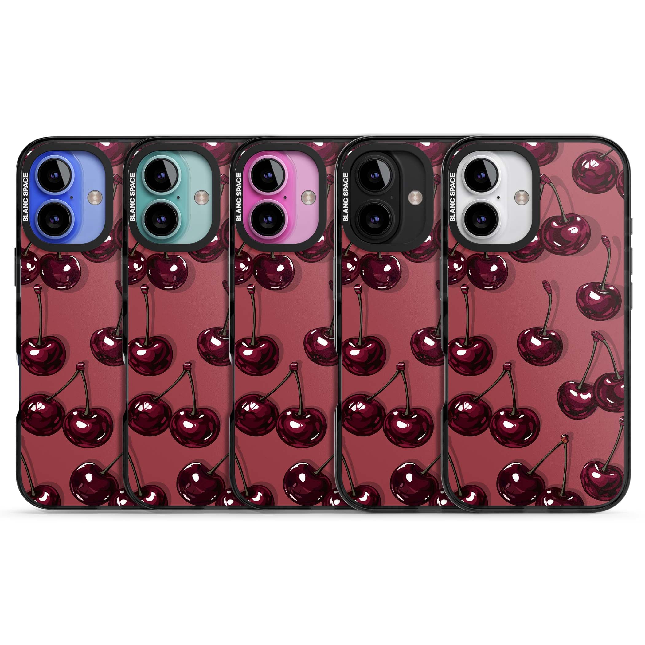 Cherry Rebel coquette iPhone case featuring glossy burgundy cherries on a dusty rose background | Black Impact Magsafe case for iPhone 16, iPhone 16 Plus