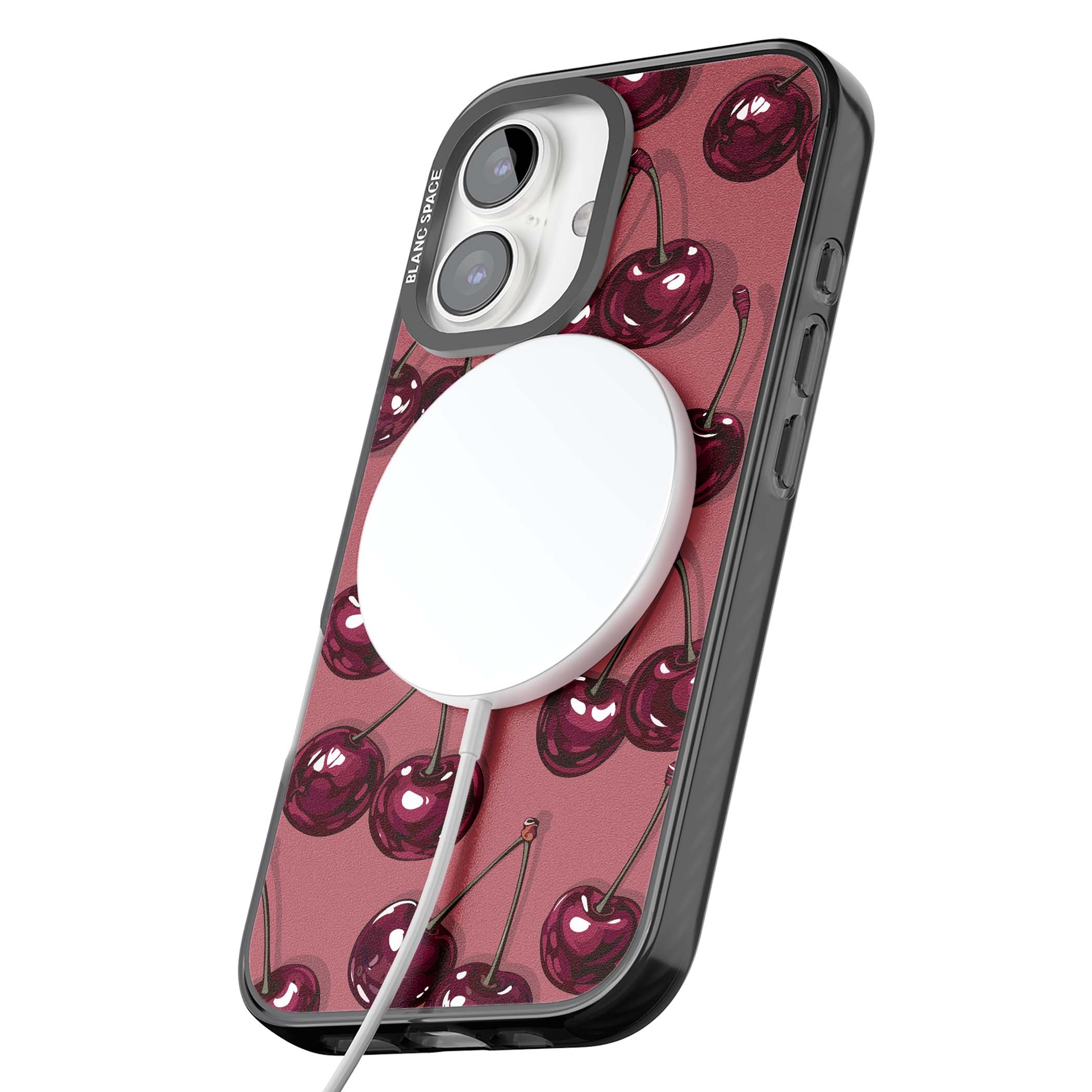 Cherry Rebel coquette iPhone case featuring glossy burgundy cherries on a dusty rose background | Black Impact Magsafe case for iPhone 16, iPhone 16 Plus