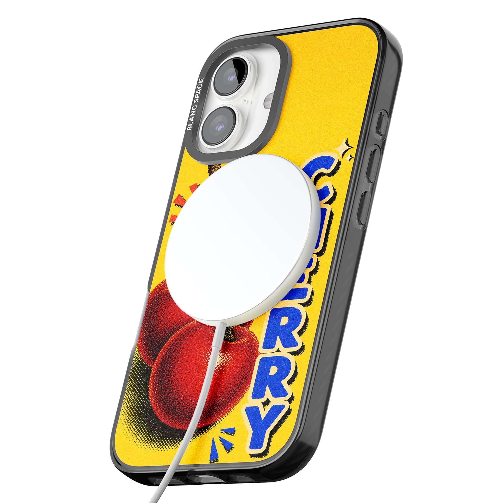 Cherry Yellow y2k iPhone case featuring two red cherries, halftone shading and bold blue CHERRY lettering on yellow | Black Impact Magsafe case for iPhone 16, iPhone 16 Plus