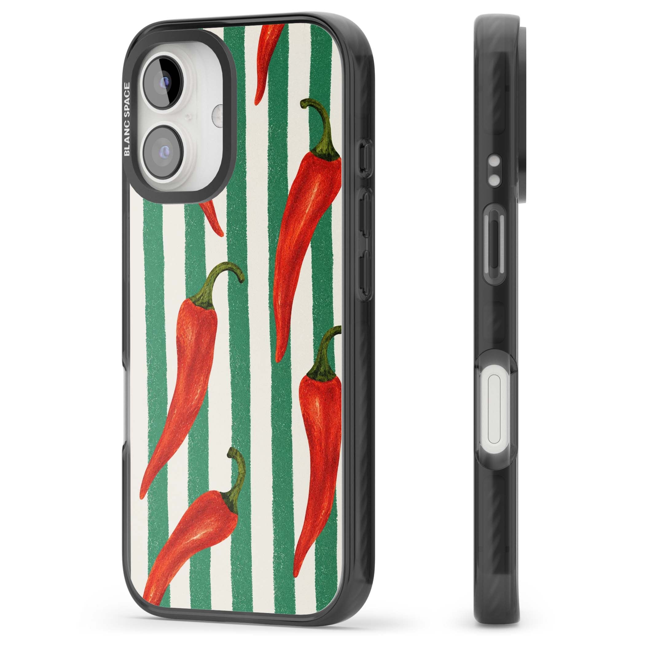 Striped Chillis coastal iPhone case featuring hand-painted red chili peppers on green and cream stripes | Black Impact Magsafe case for iPhone 16, iPhone 16 Plus