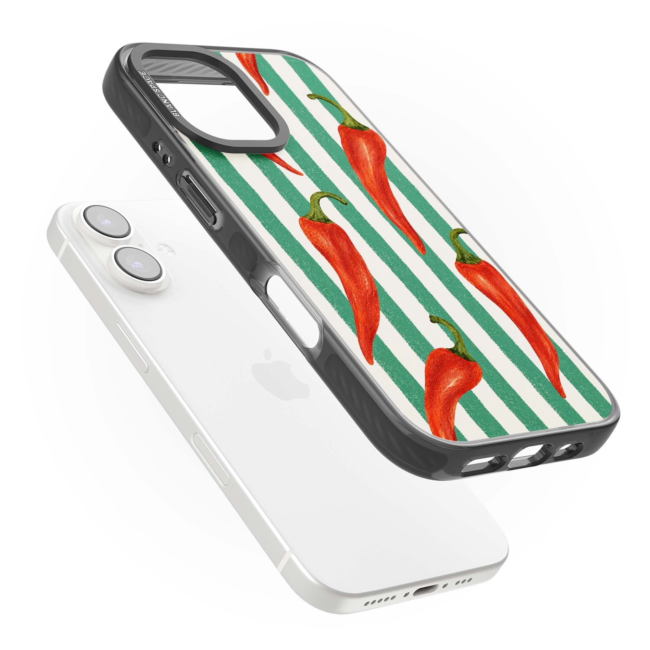 Striped Chillis coastal iPhone case featuring hand-painted red chili peppers on green and cream stripes | Black Impact Magsafe case for iPhone 16, iPhone 16 Plus