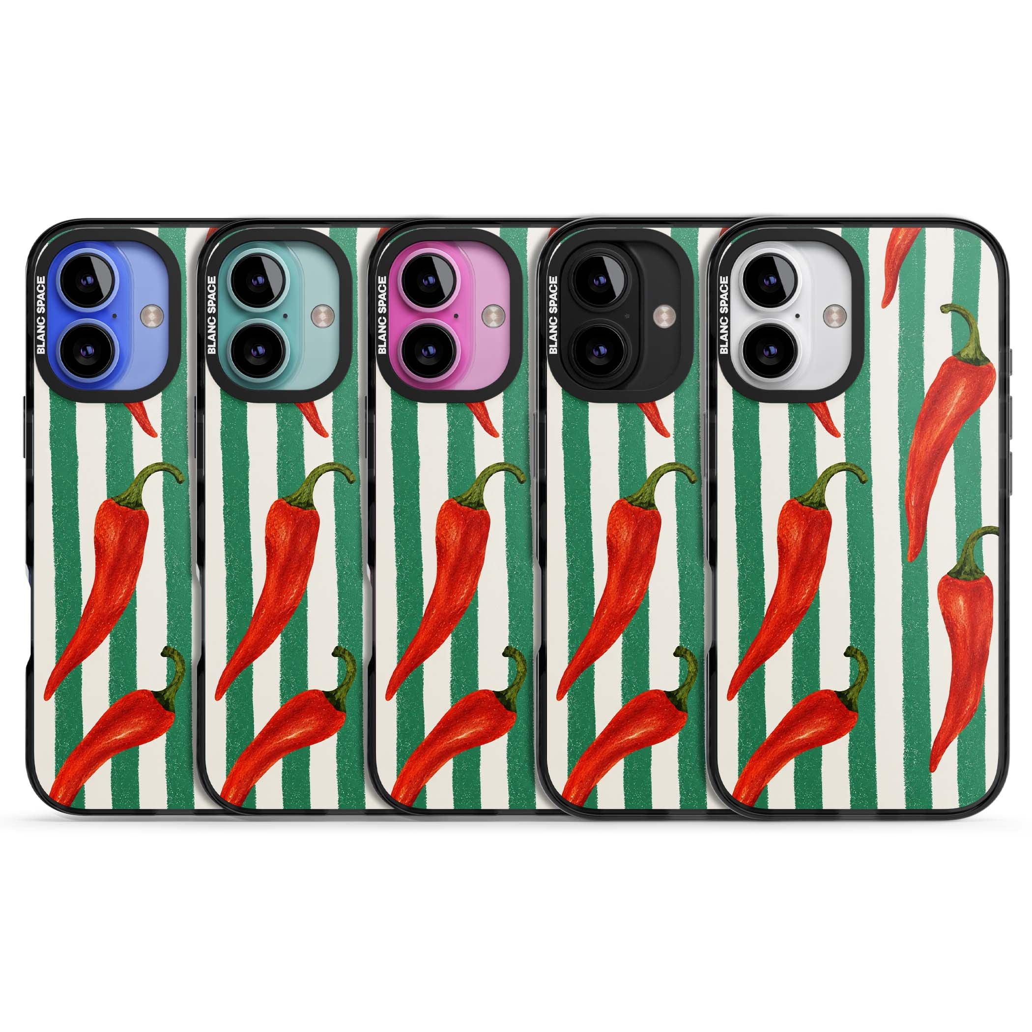 Striped Chillis coastal iPhone case featuring hand-painted red chili peppers on green and cream stripes | Black Impact Magsafe case for iPhone 16, iPhone 16 Plus