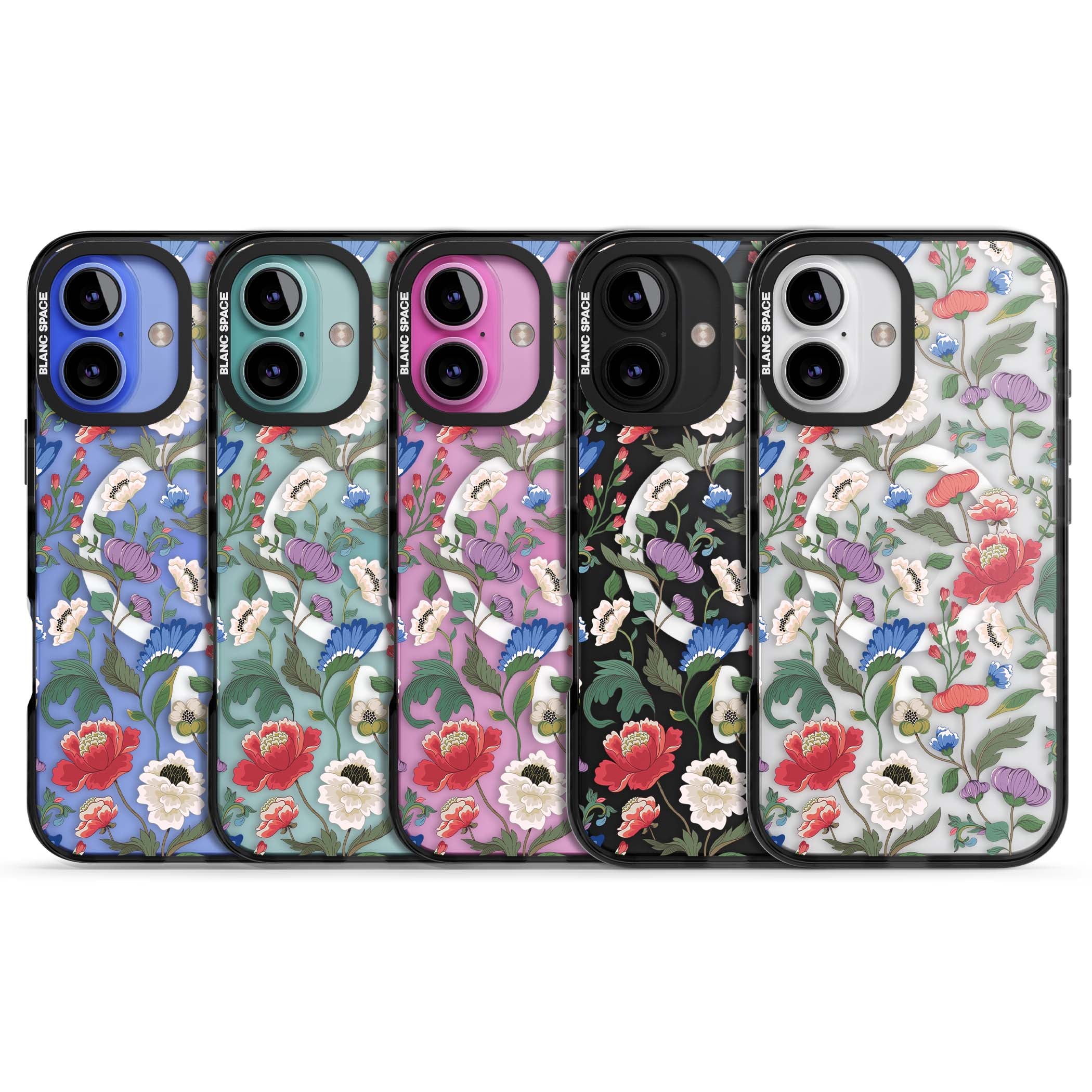Chinoiserie Bloom vintage floral iPhone case featuring hand-painted peonies, poppies and trailing wildflowers on clear... | Black Impact Magsafe case for iPhone 16, iPhone 16 Plus