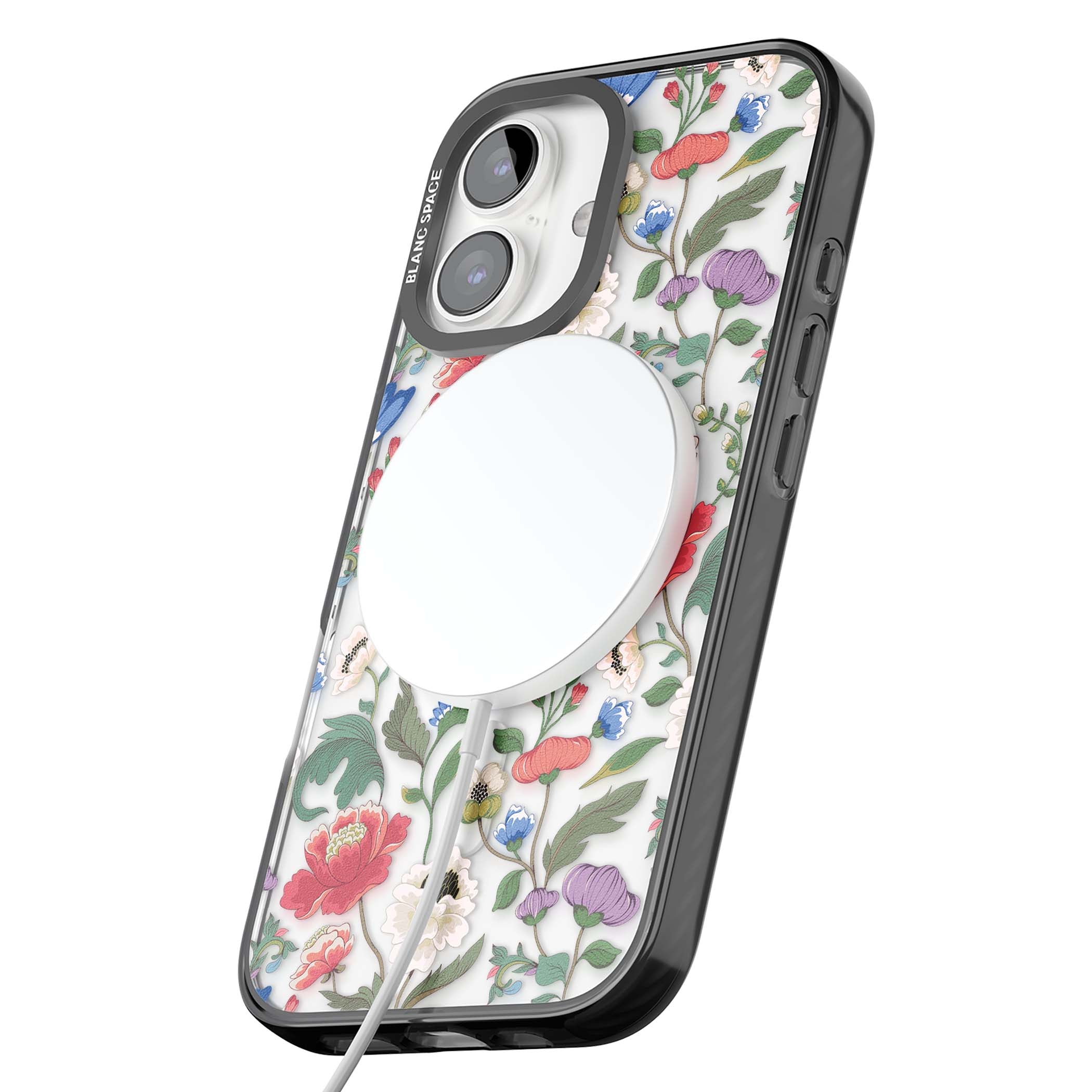 Chinoiserie Bloom vintage floral iPhone case featuring hand-painted peonies, poppies and trailing wildflowers on clear... | Black Impact Magsafe case for iPhone 16, iPhone 16 Plus