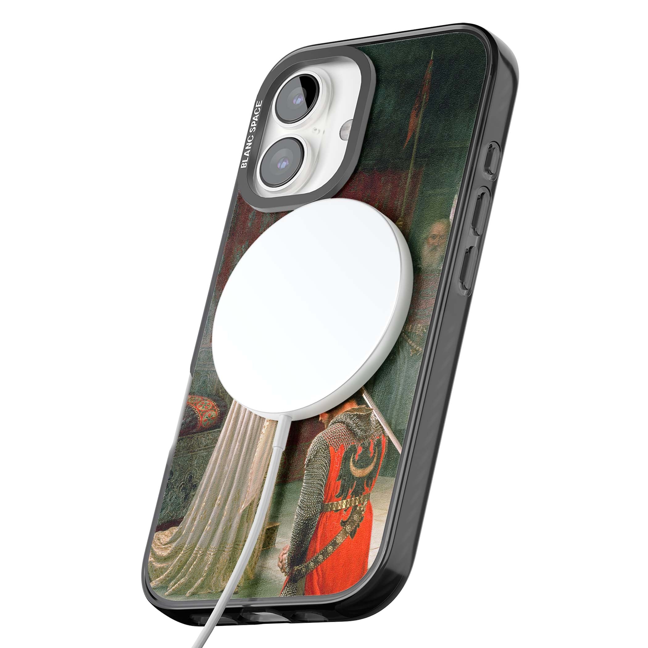 The Accolade renaissance art iPhone case featuring Edmund Blair Leighton's painting of a queen knighting a kneeling knight | Black Impact Magsafe case for iPhone 16, iPhone 16 Plus