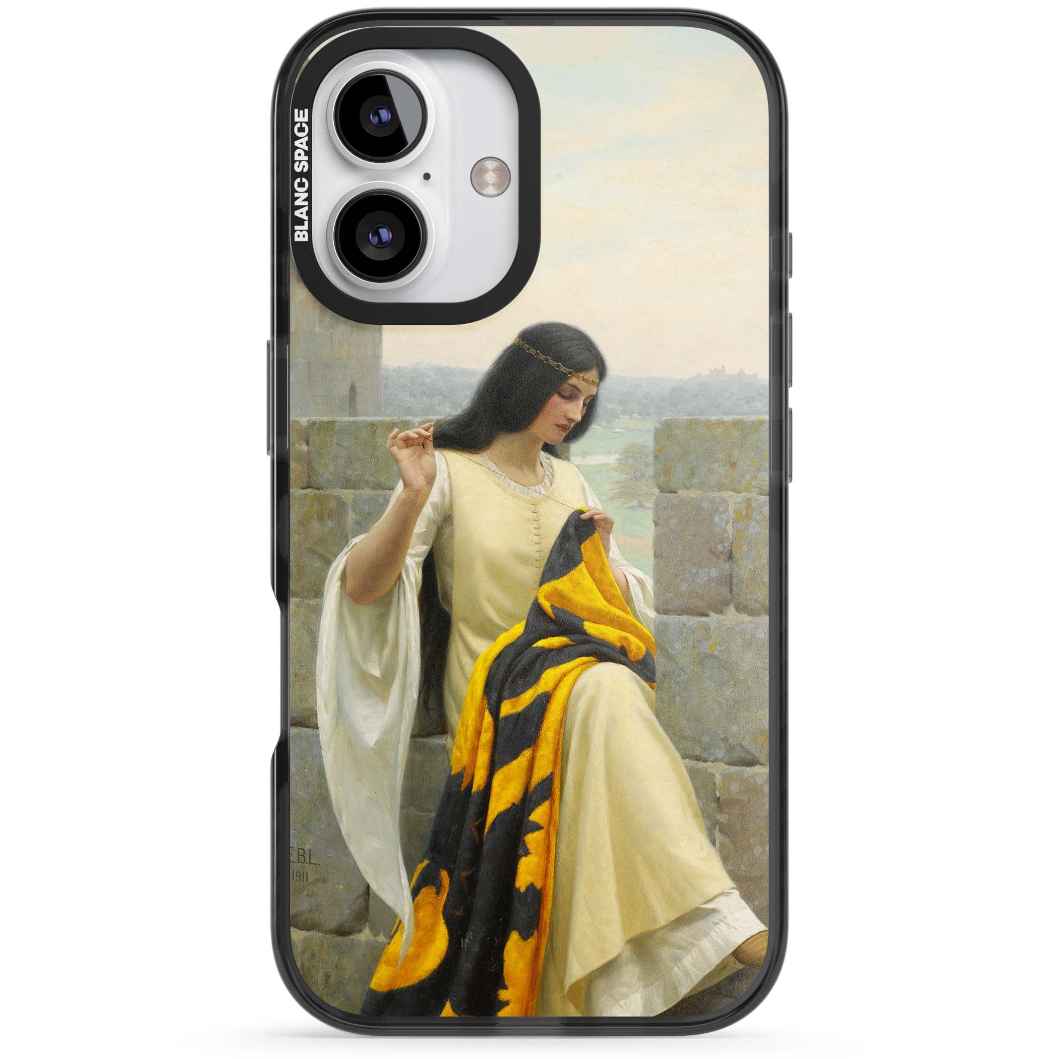 Stitching the Standard renaissance art iPhone case featuring a medieval lady sewing a golden banner on a castle wall | Black Impact Magsafe case for iPhone 16, iPhone 16 Plus