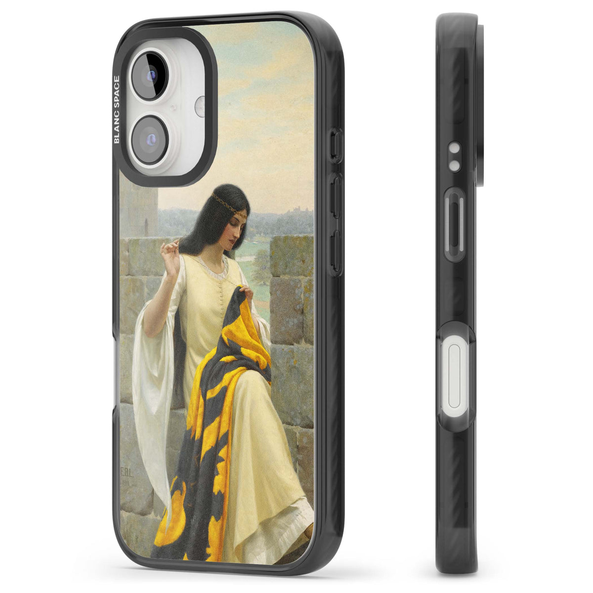 Stitching the Standard renaissance art iPhone case featuring a medieval lady sewing a golden banner on a castle wall | Black Impact Magsafe case for iPhone 16, iPhone 16 Plus