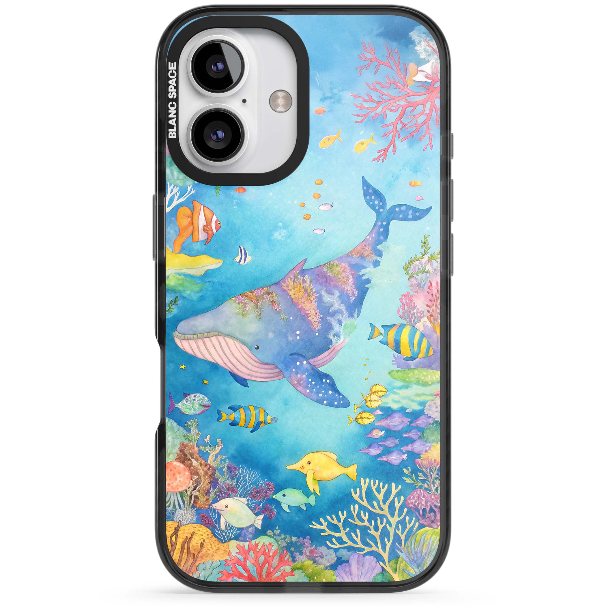 Coral Lagoon ocean iPhone case featuring a watercolour whale, coral reef and tropical fish | Black Impact Magsafe case for iPhone 16, iPhone 16 Plus