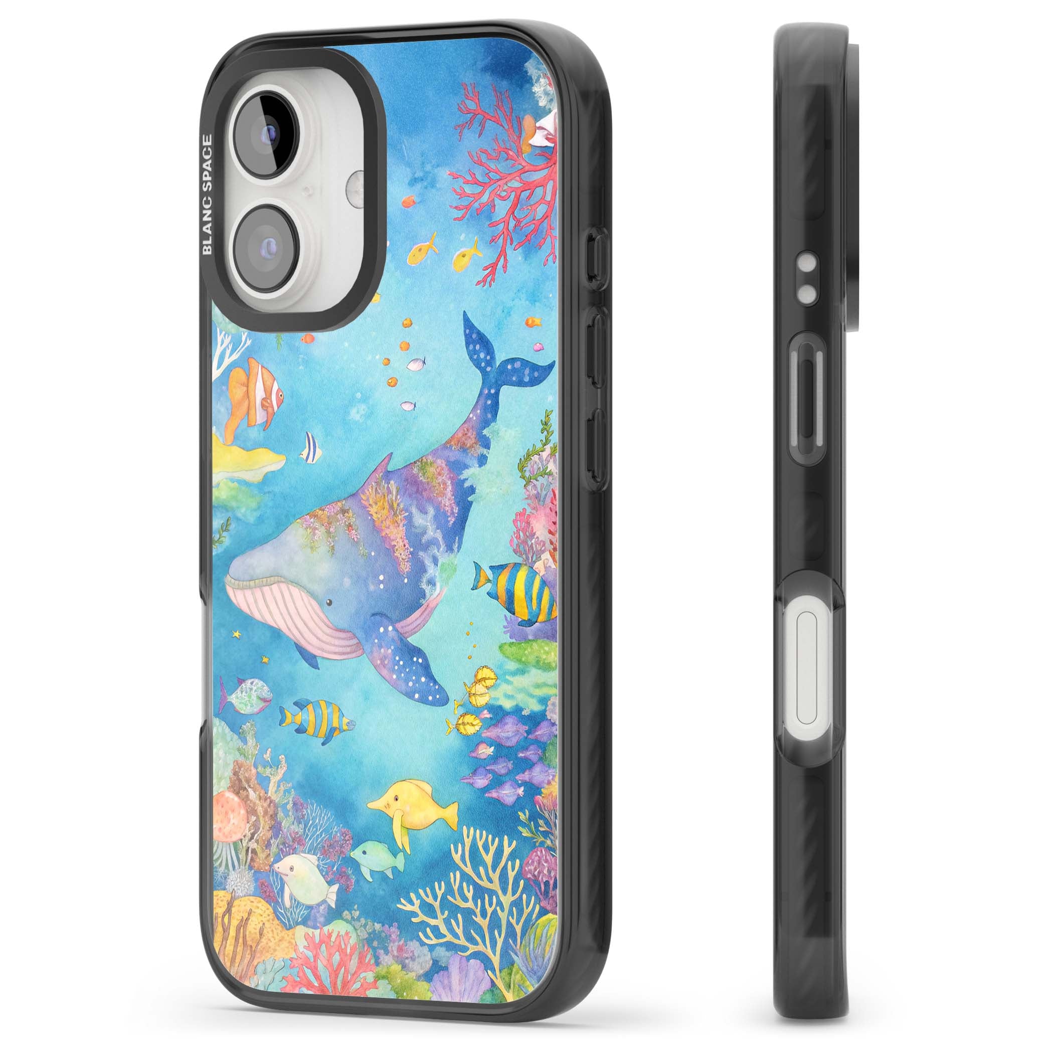 Coral Lagoon ocean iPhone case featuring a watercolour whale, coral reef and tropical fish | Black Impact Magsafe case for iPhone 16, iPhone 16 Plus