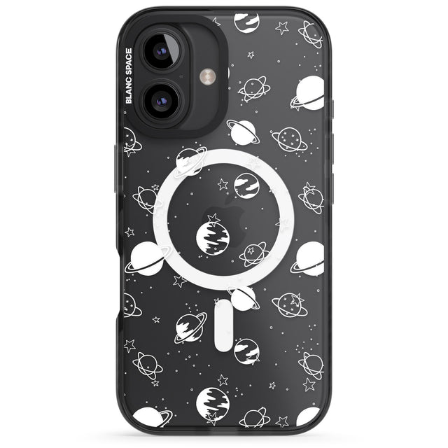 iPhone 16 Pro Max White Planets on Clear Black Impact Phone Case