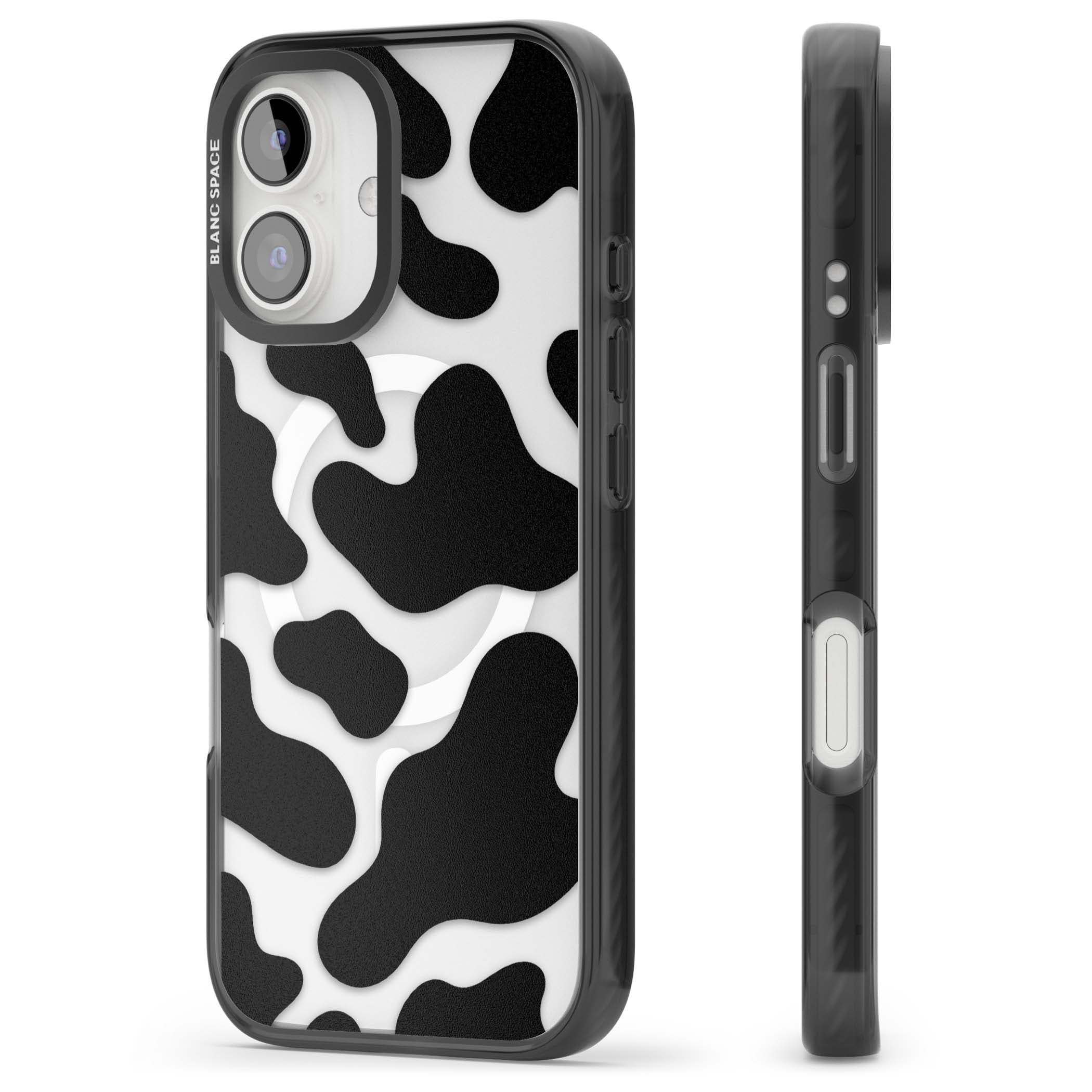 Clear Cow Print cow print iPhone case featuring black and white cow pattern splotches on a clear background | Black Impact Magsafe case for iPhone 16, iPhone 16 Plus