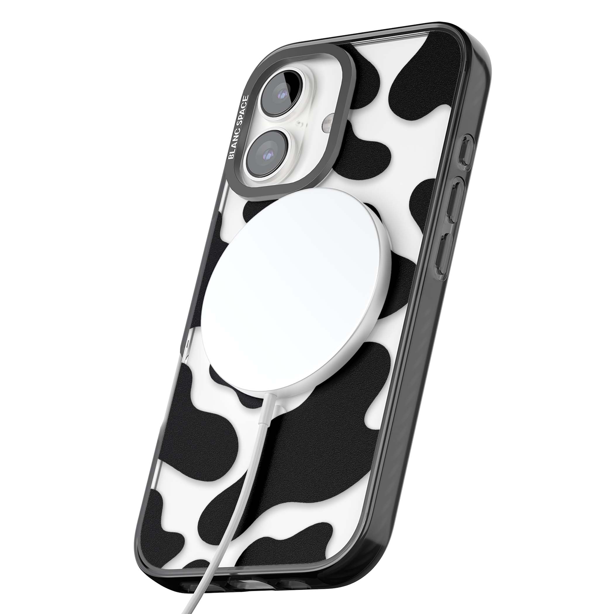 Clear Cow Print cow print iPhone case featuring black and white cow pattern splotches on a clear background | Black Impact Magsafe case for iPhone 16, iPhone 16 Plus