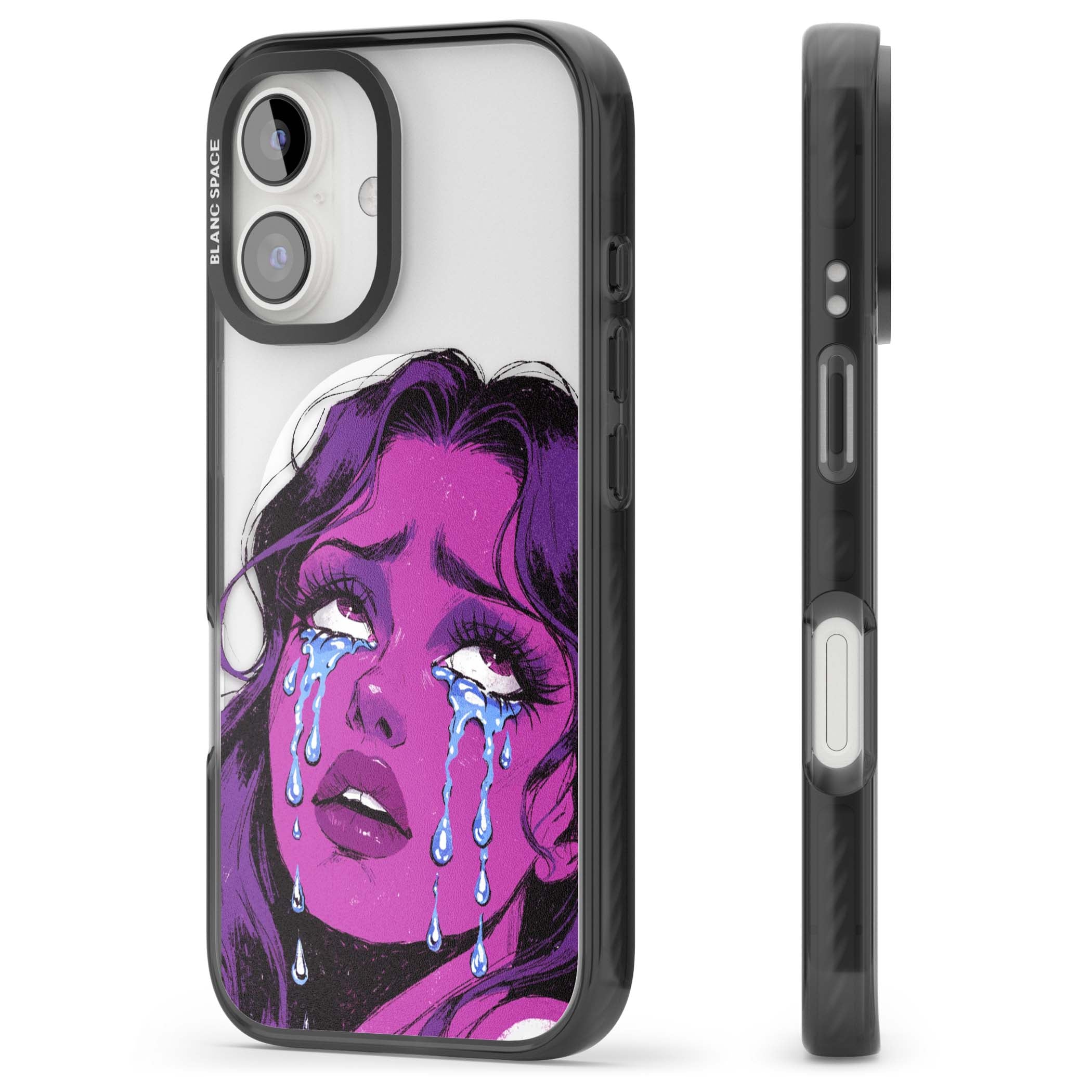 Drama Queen pop art iPhone case featuring a purple crying comic girl with blue tears | Black Impact Magsafe case for iPhone 16, iPhone 16 Plus